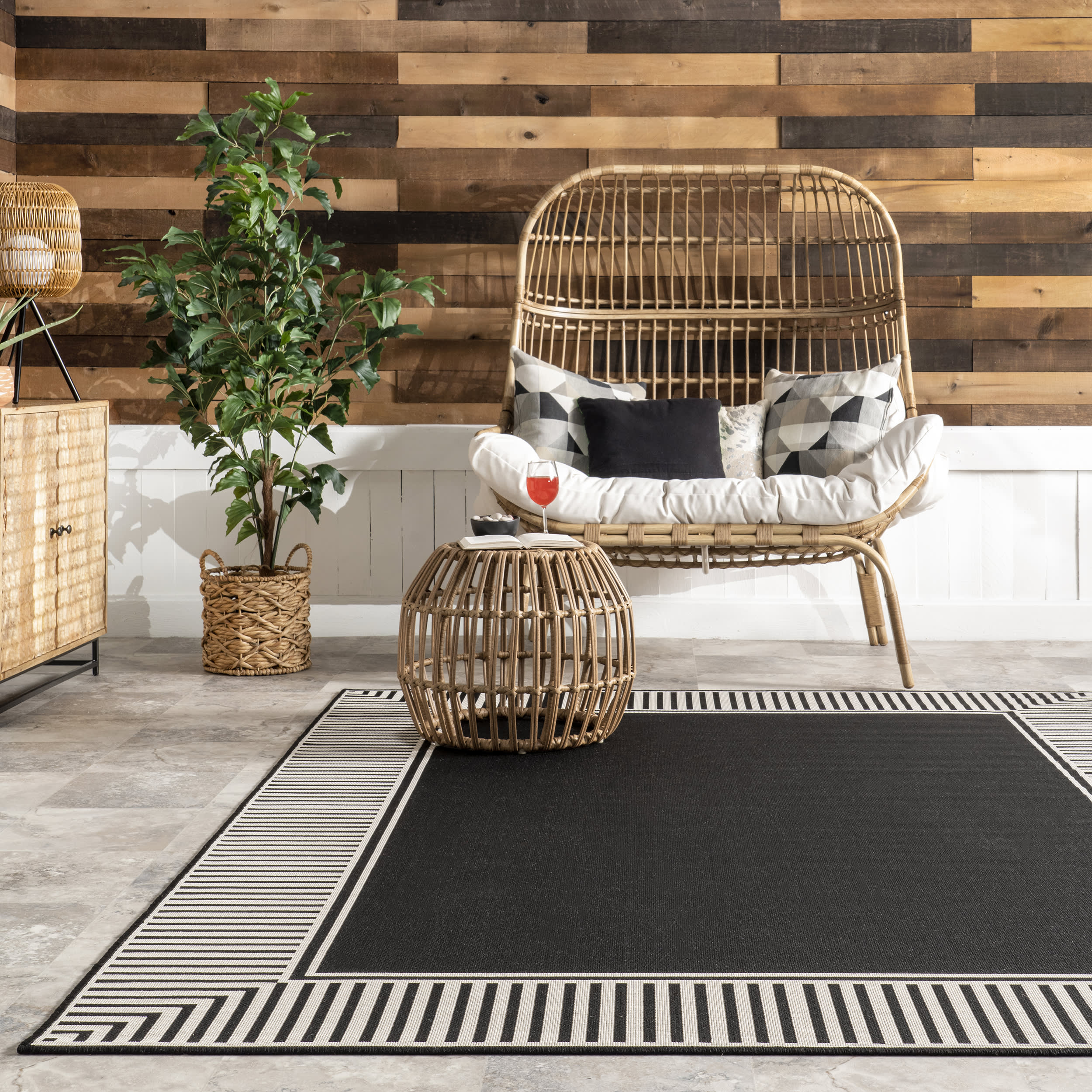 Striped Border Indoor/Outdoor Flatweave Rug | Black - Image 4