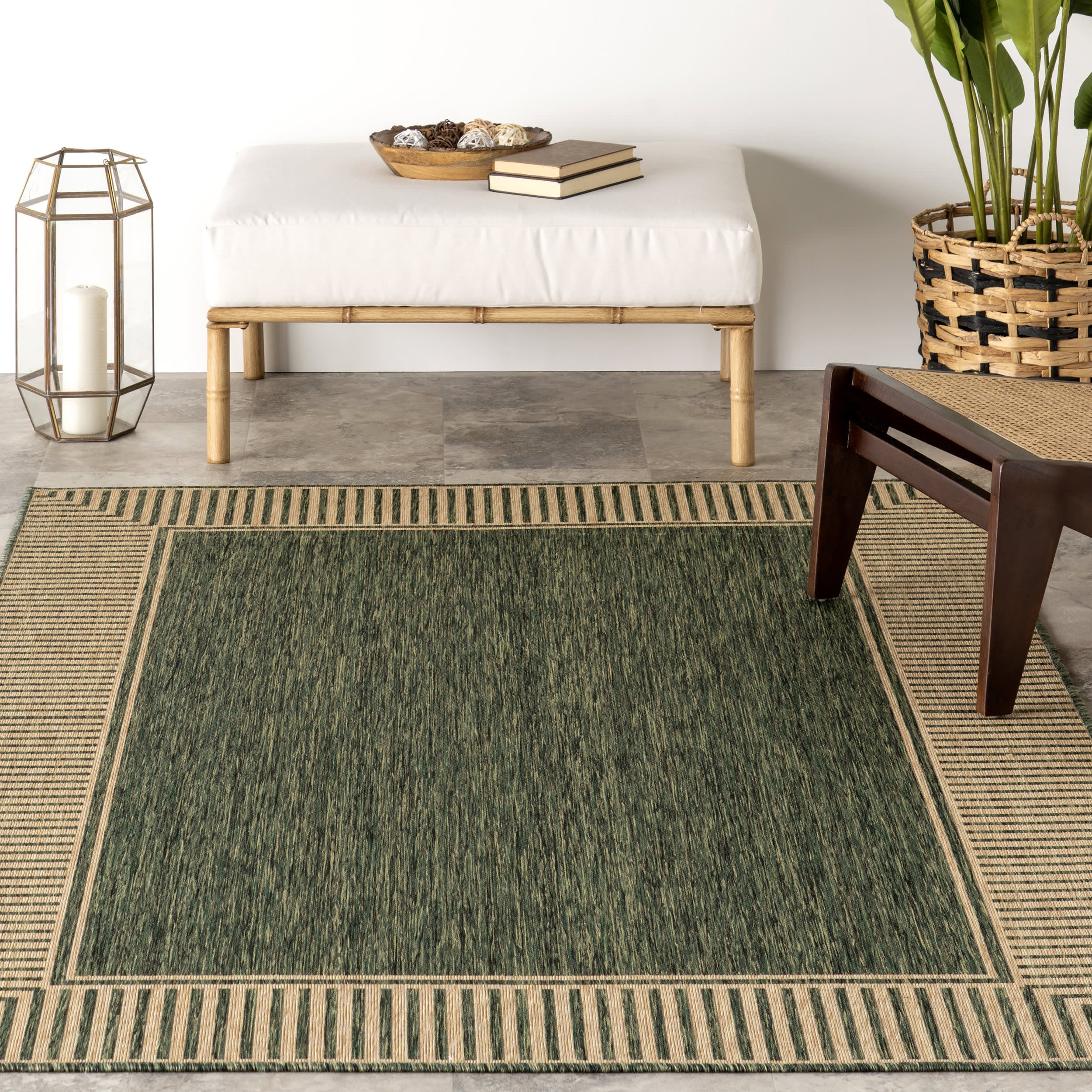 Striped Border Indoor/Outdoor Flatweave Rug | Green - Image 5