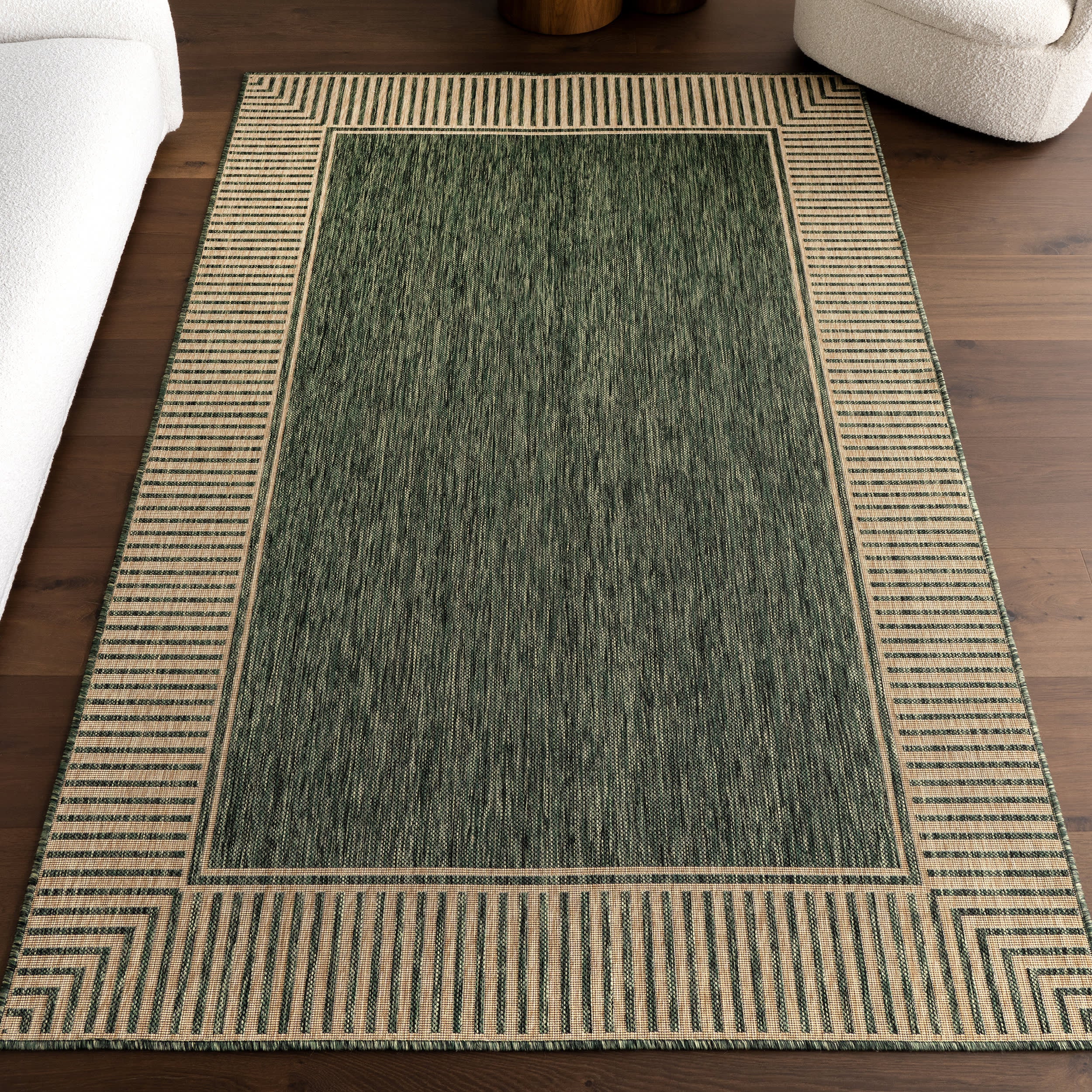 Striped Border Indoor/Outdoor Flatweave Rug | Green - Image 9