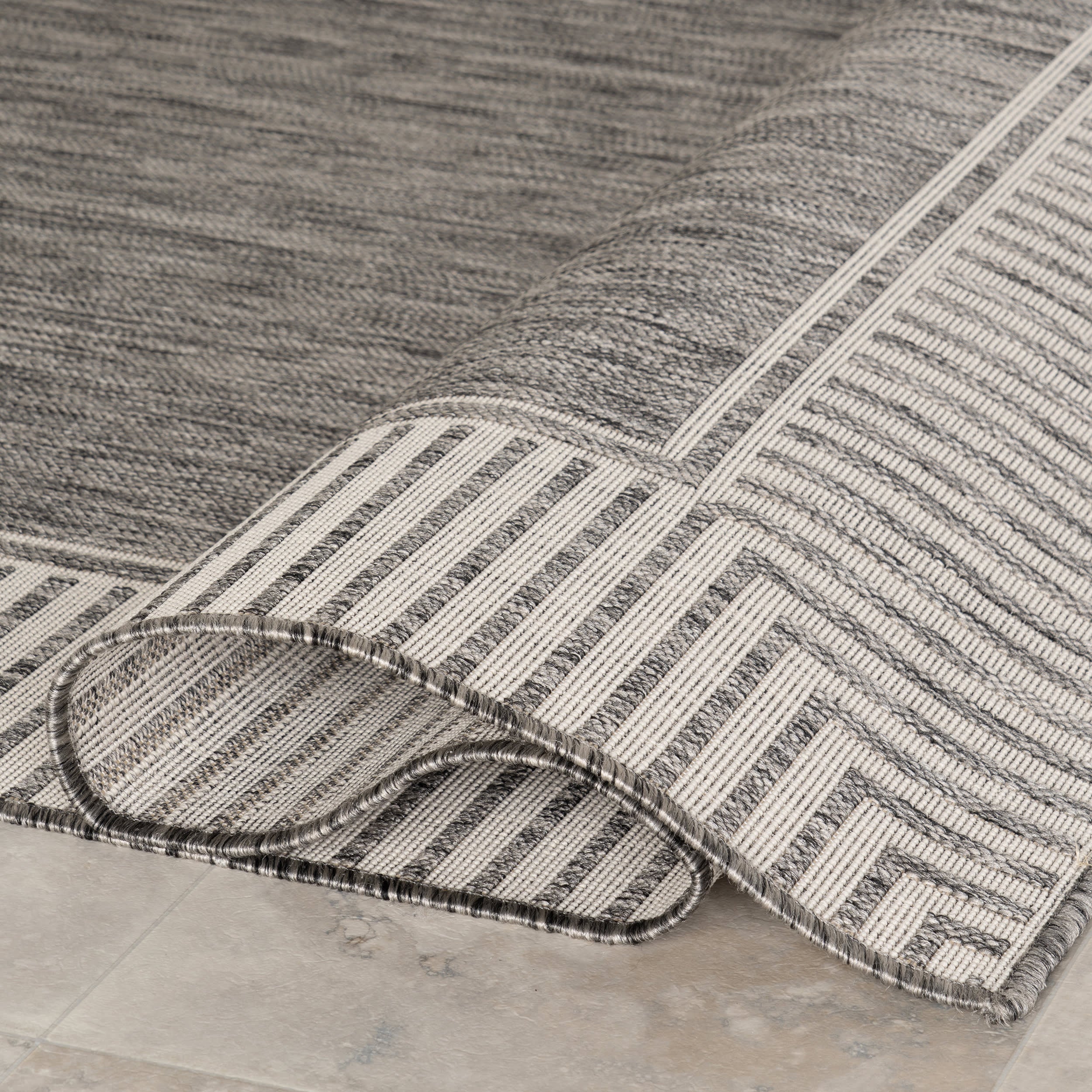 Striped Border Indoor/Outdoor Flatweave Rug | Grey - Image 10