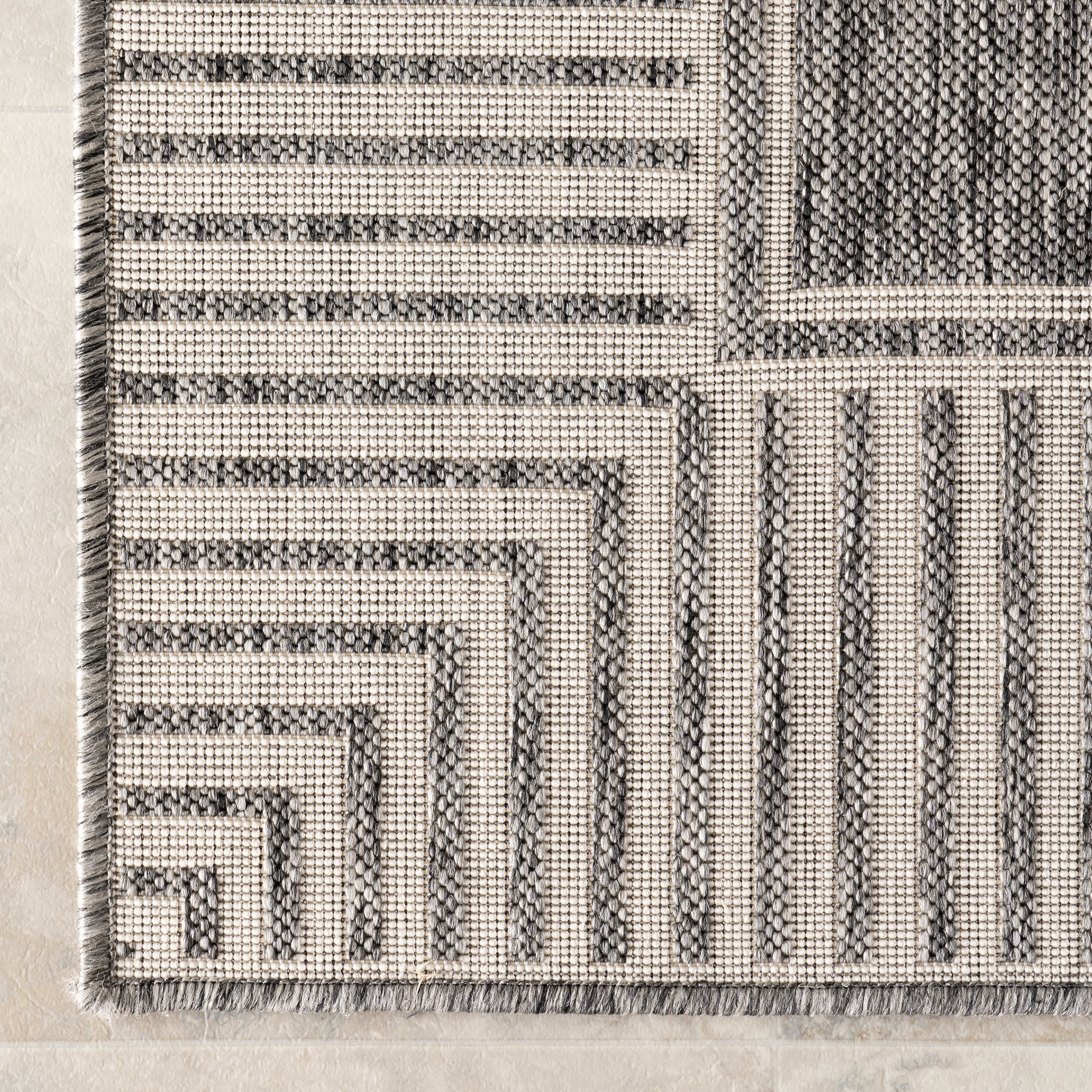 Striped Border Indoor/Outdoor Flatweave Rug | Grey - Image 4
