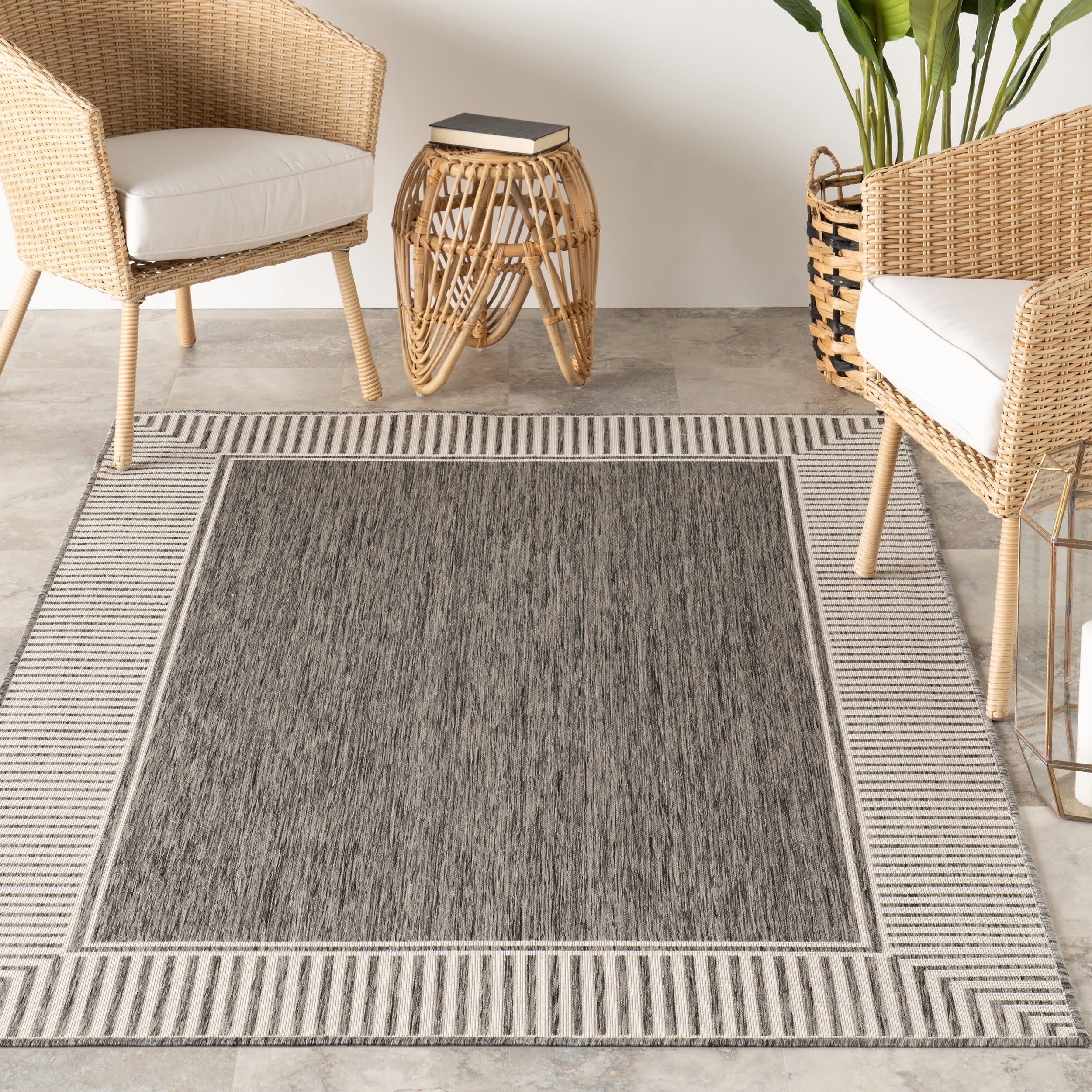 Striped Border Indoor/Outdoor Flatweave Rug | Grey - Image 5