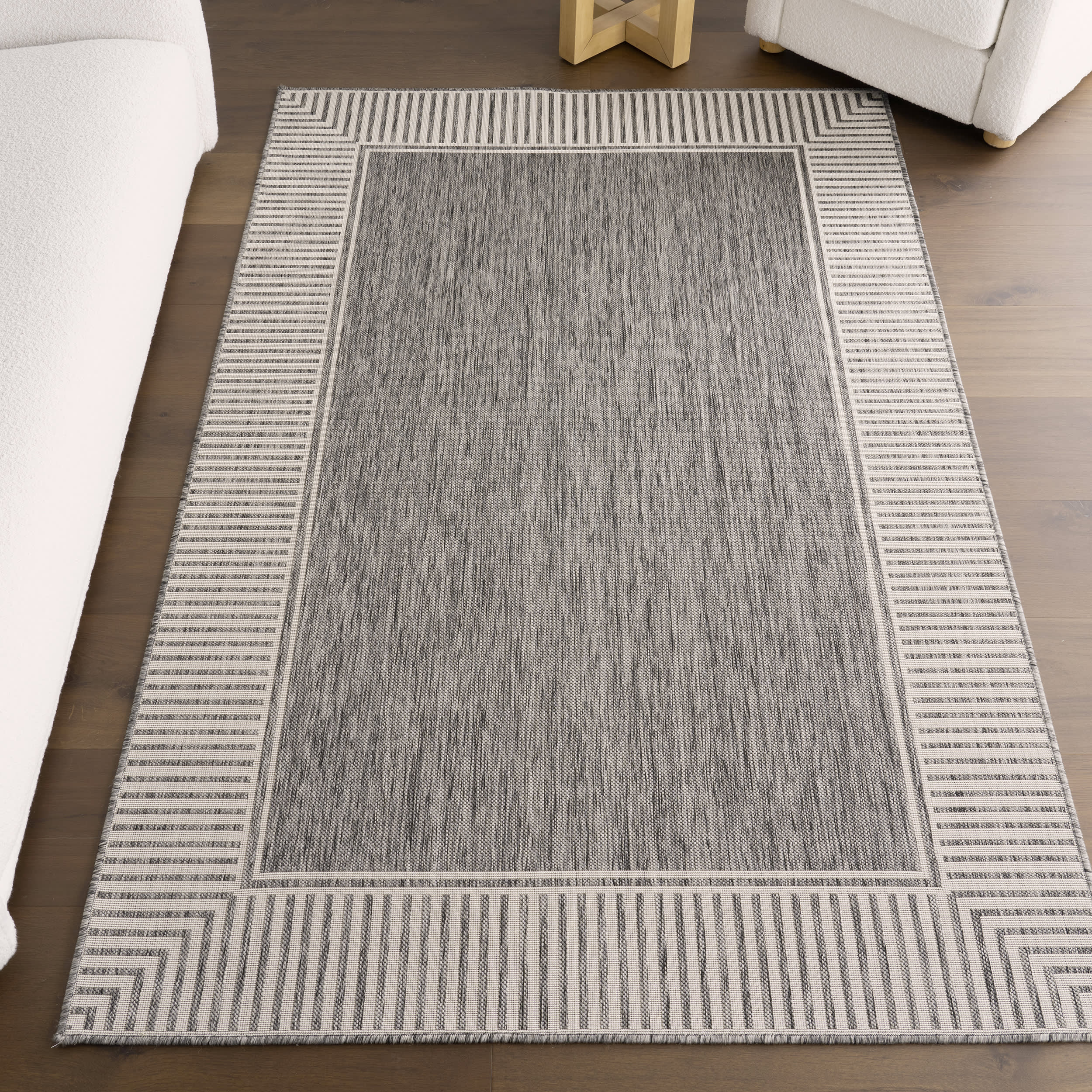 Striped Border Indoor/Outdoor Flatweave Rug | Grey - Image 9