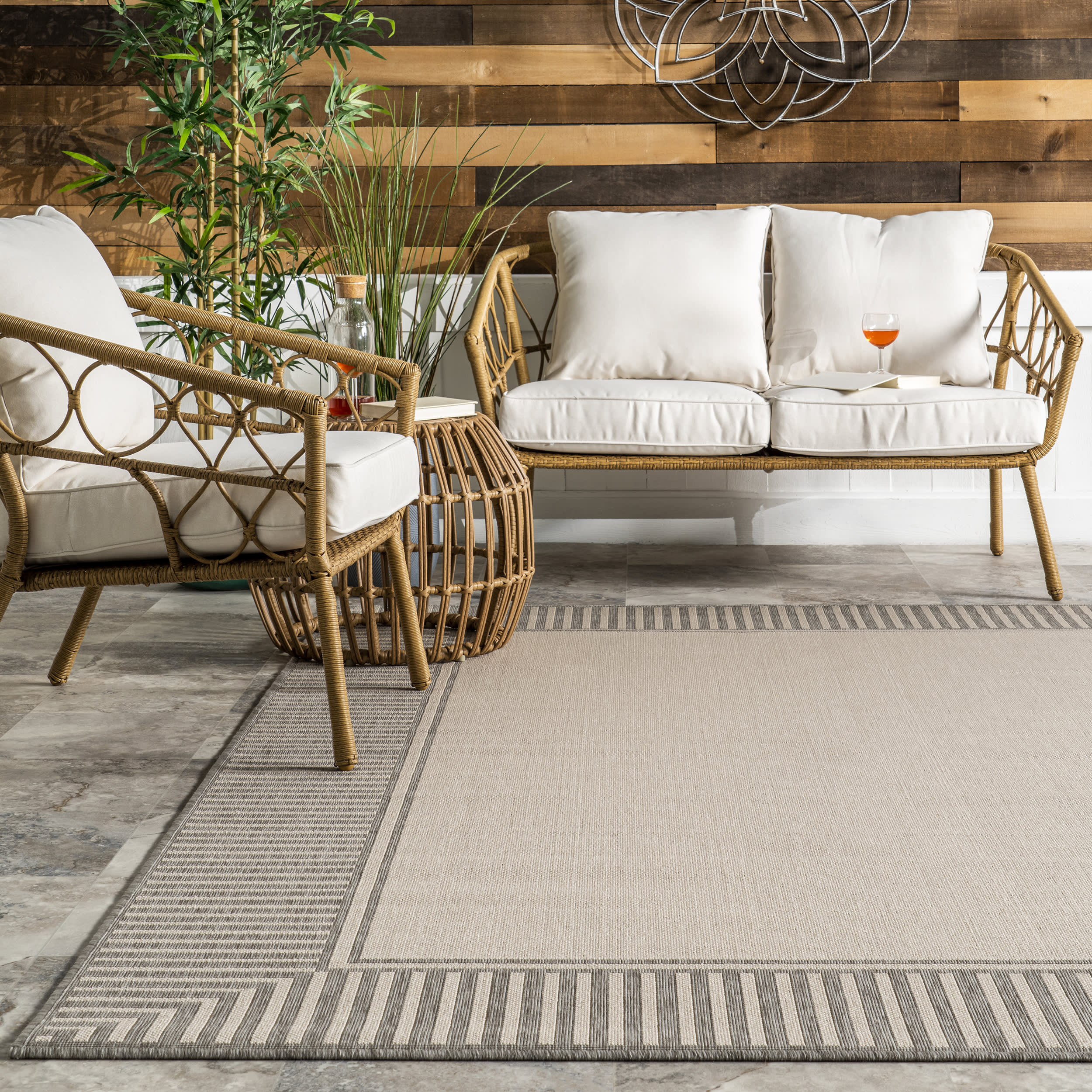 Striped Border Indoor/Outdoor Flatweave Rug | Light Grey - Image 4