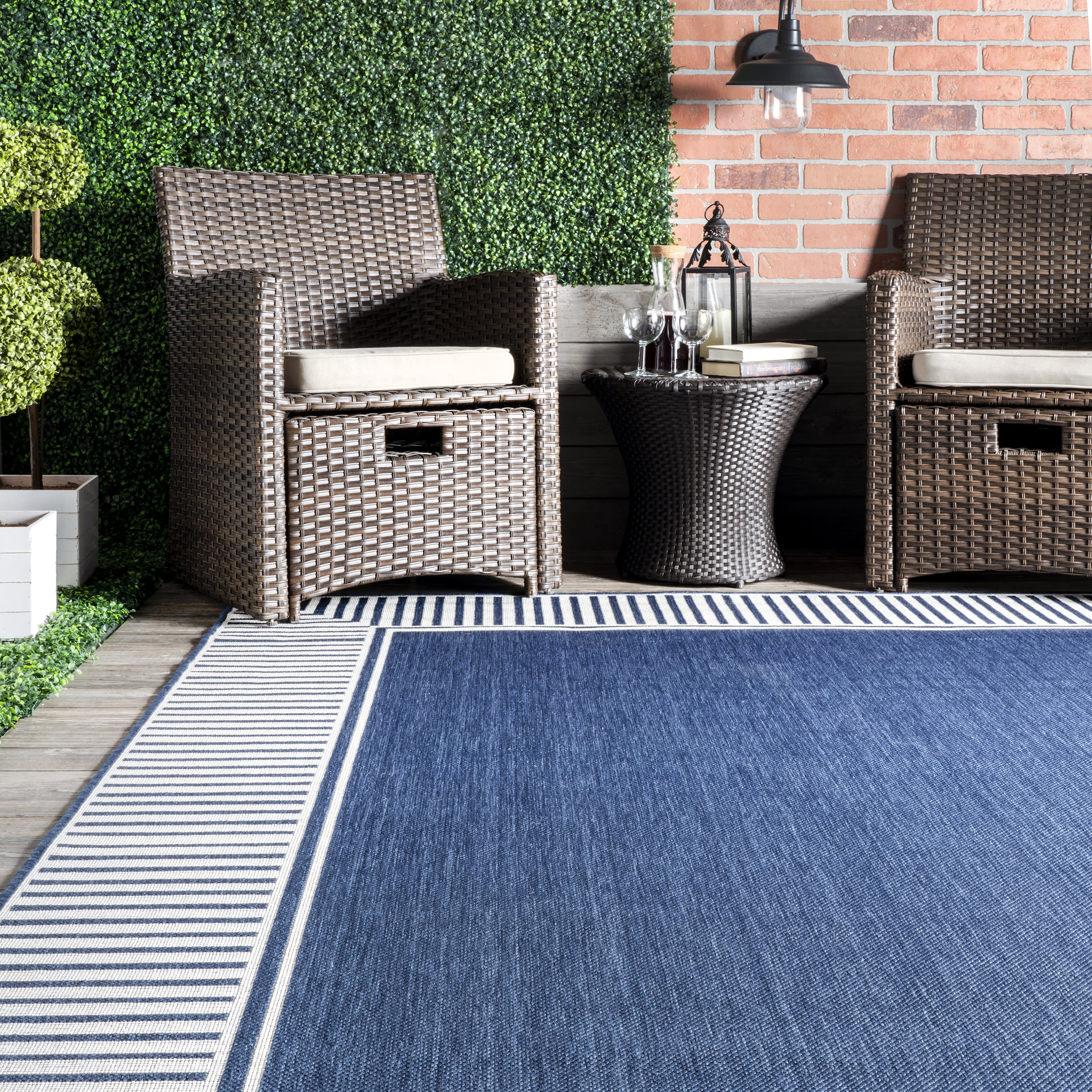 Striped Border Indoor/Outdoor Flatweave Rug | Navy - Image 4