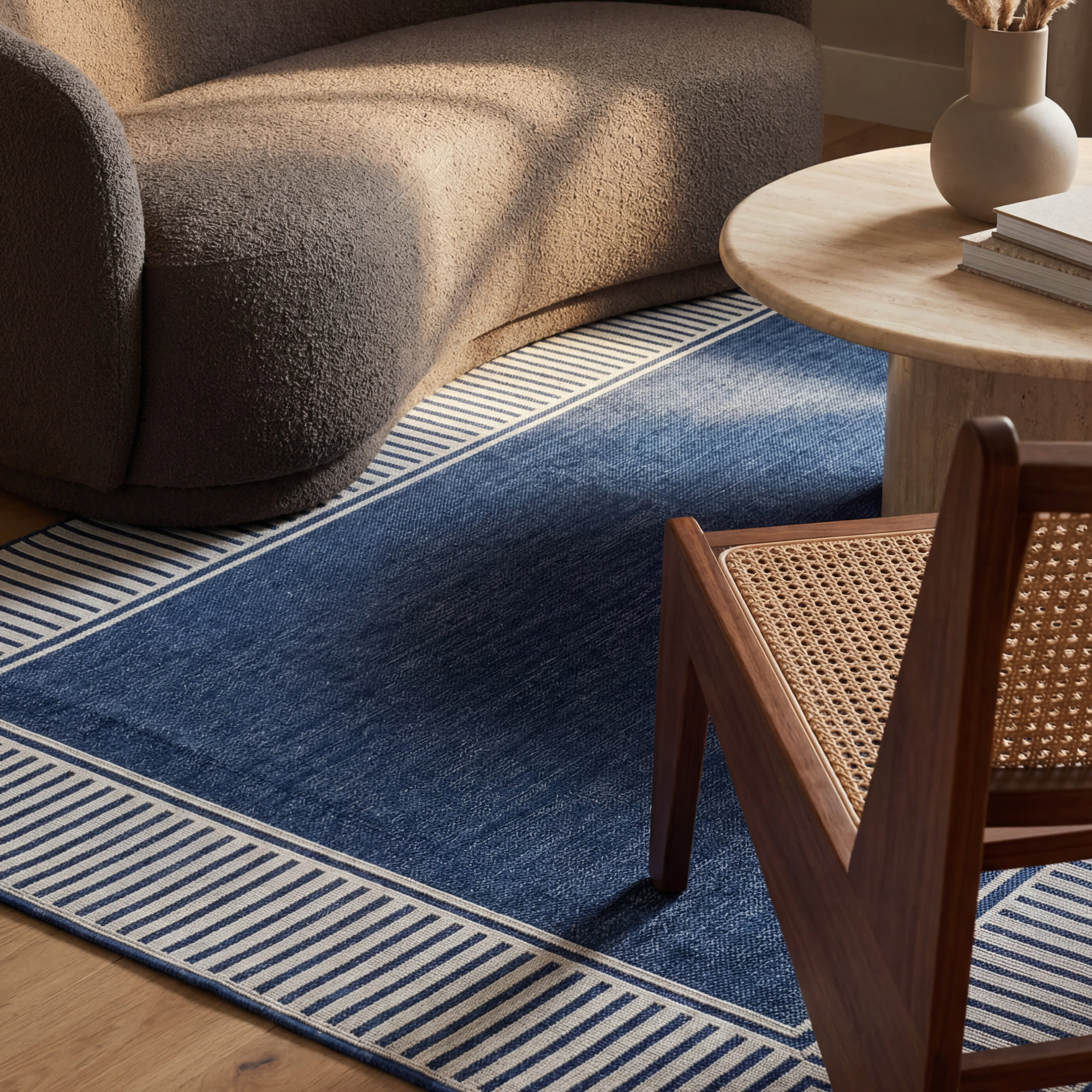 Striped Border Indoor/Outdoor Flatweave Rug | Navy - Image 6