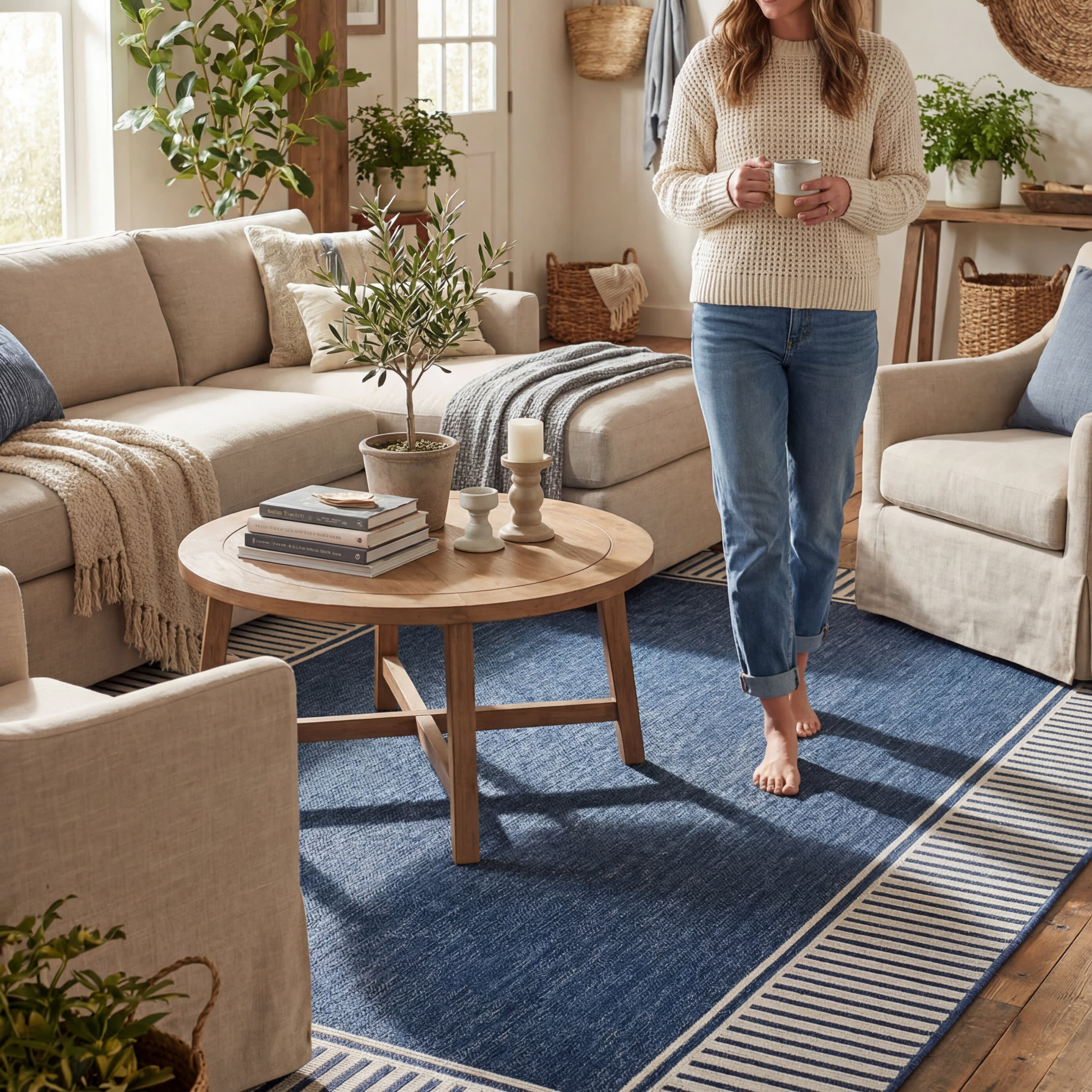 Striped Border Indoor/Outdoor Flatweave Rug | Navy - Image 8