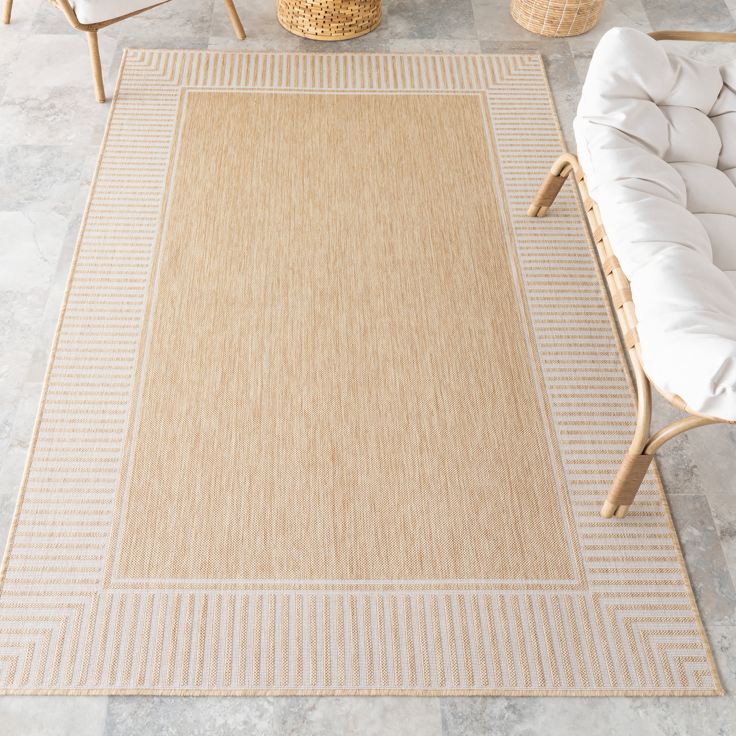 Striped Border Indoor/Outdoor Flatweave Rug | Tan - Image 2