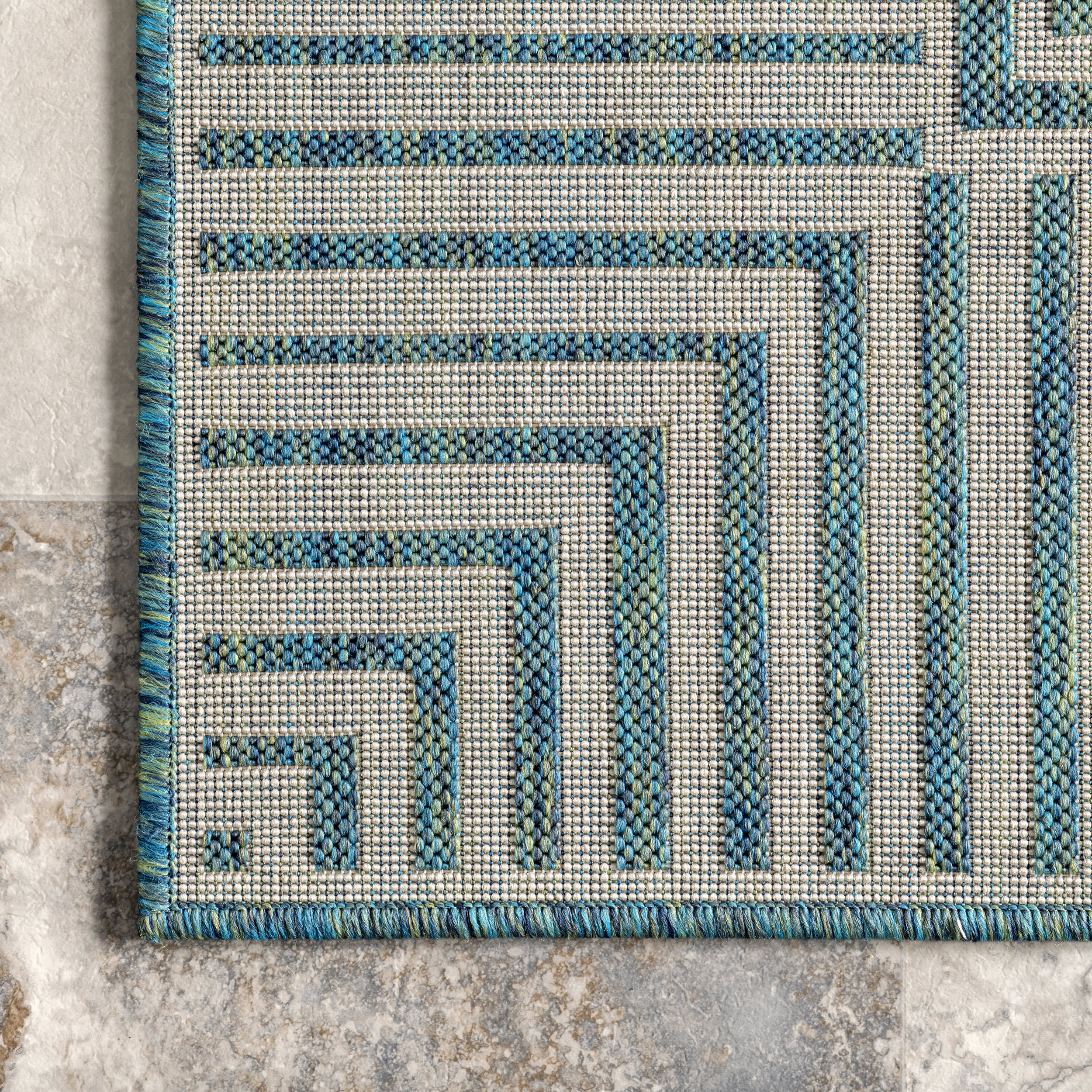 Striped Border Indoor/Outdoor Flatweave Rug | Teal - Image 3