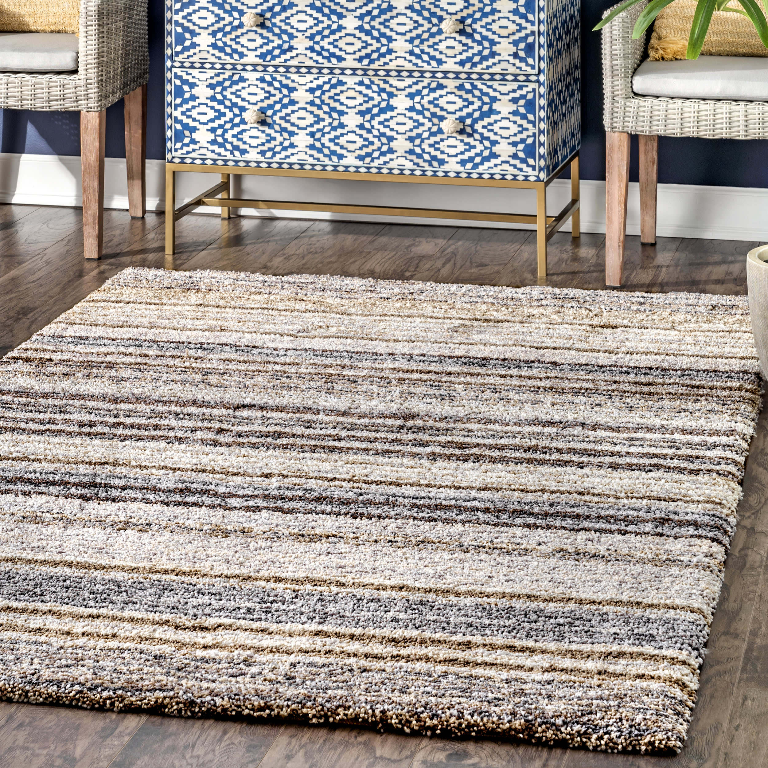 Striped Shaggy Rug | Beige - Image 2