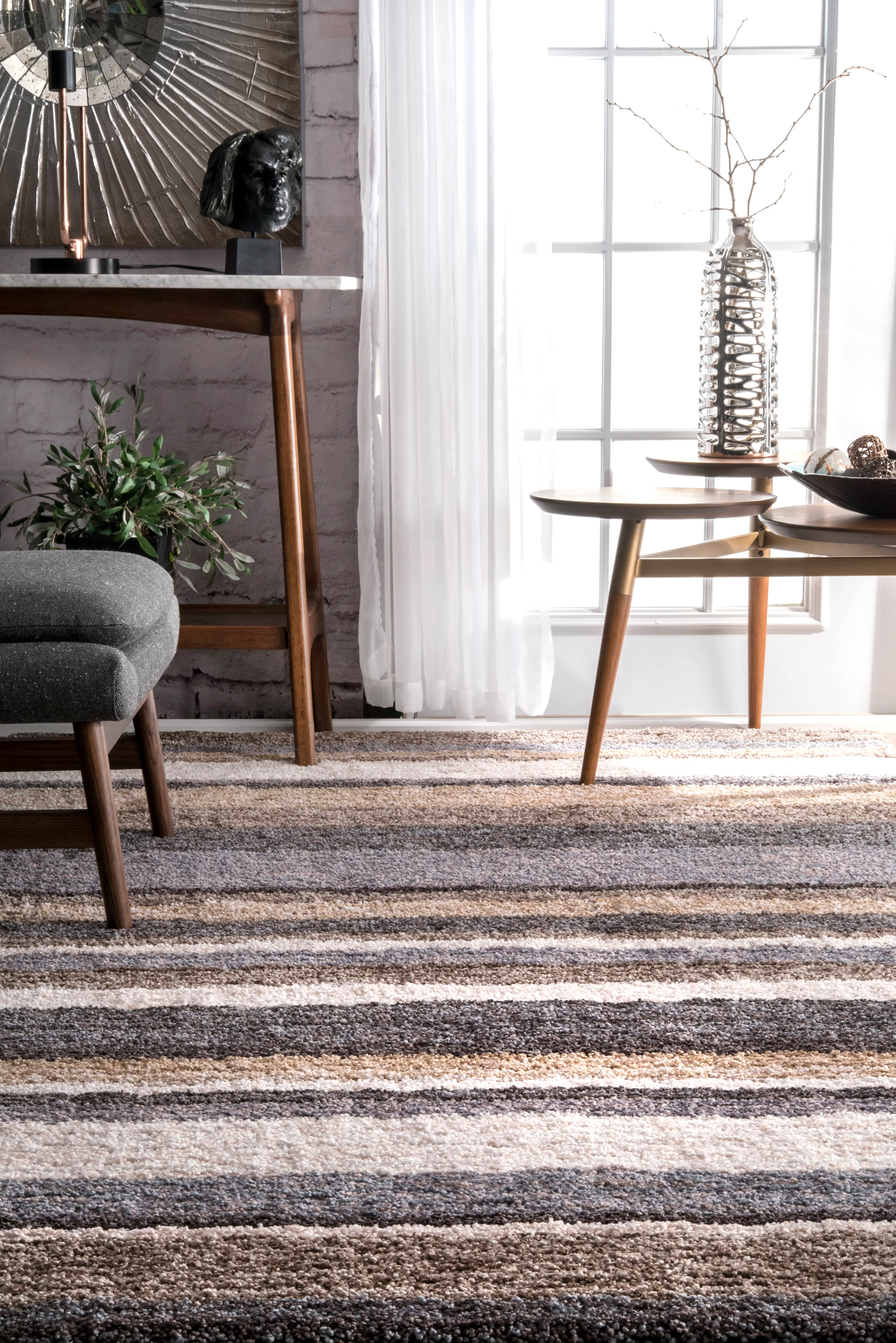 Striped Shaggy Rug | Beige Multicolor - Image 4