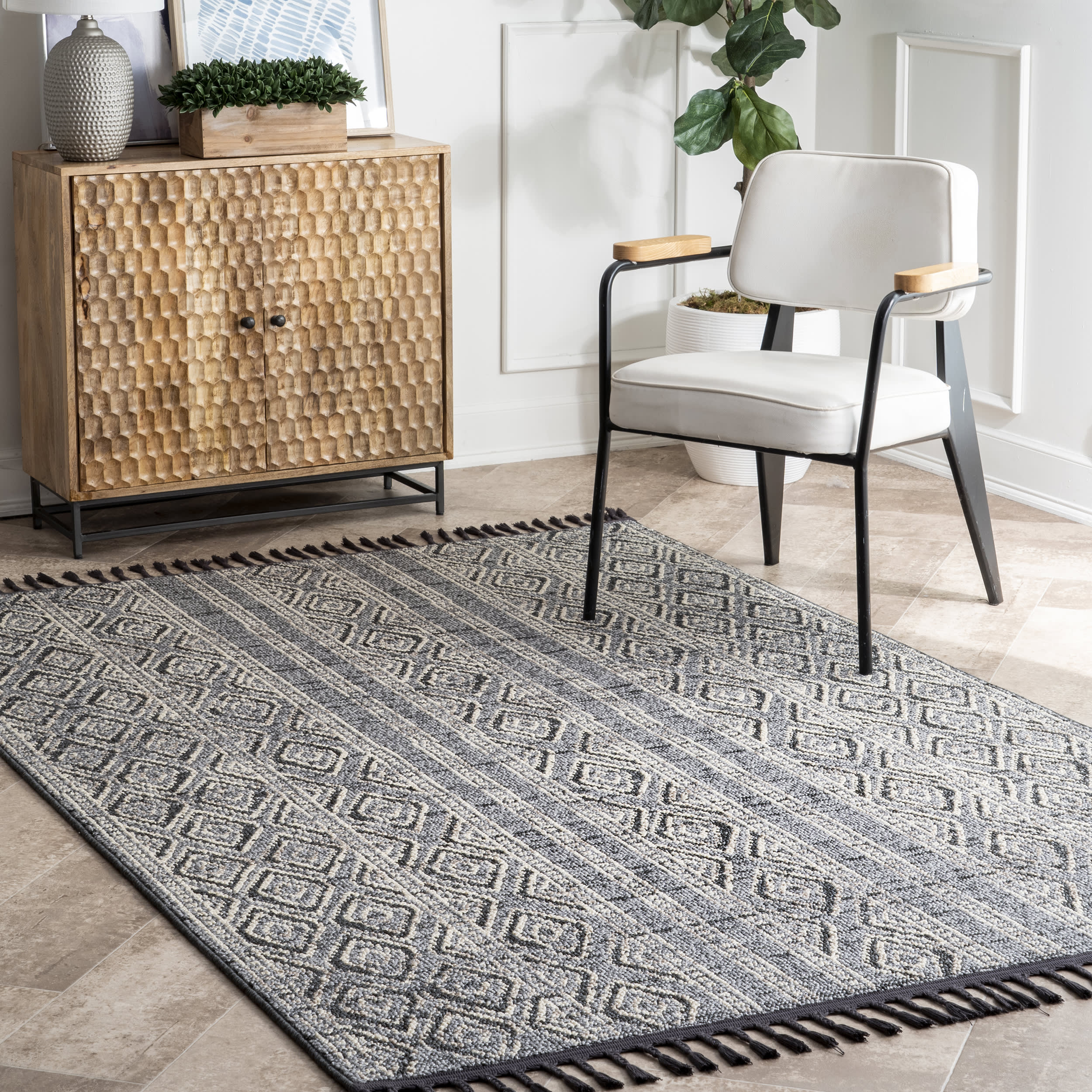 Striped Tasseled Rug | Grey - Image 2