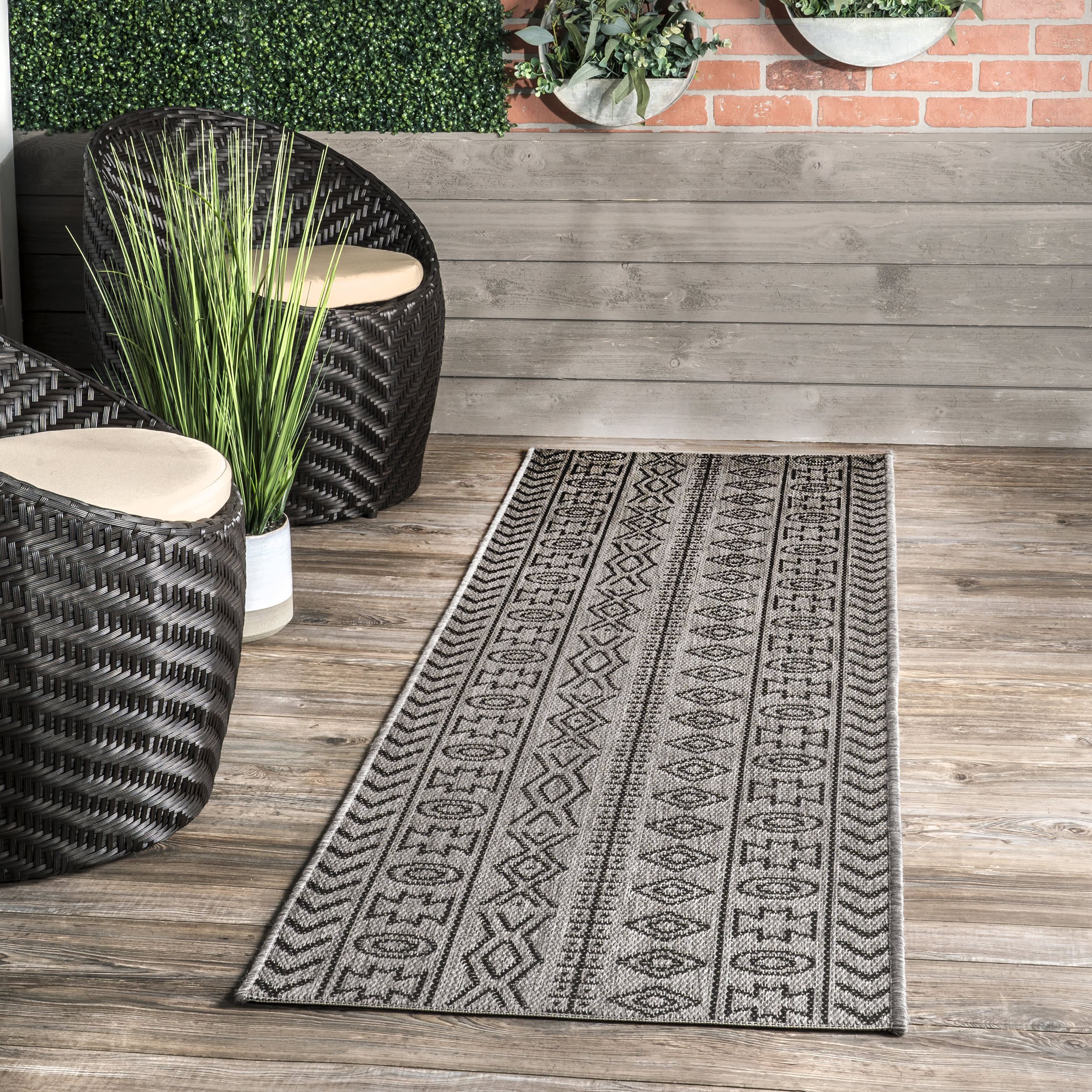 Striped Tribal Indoor/Outdoor Rug | Grey - Image 2