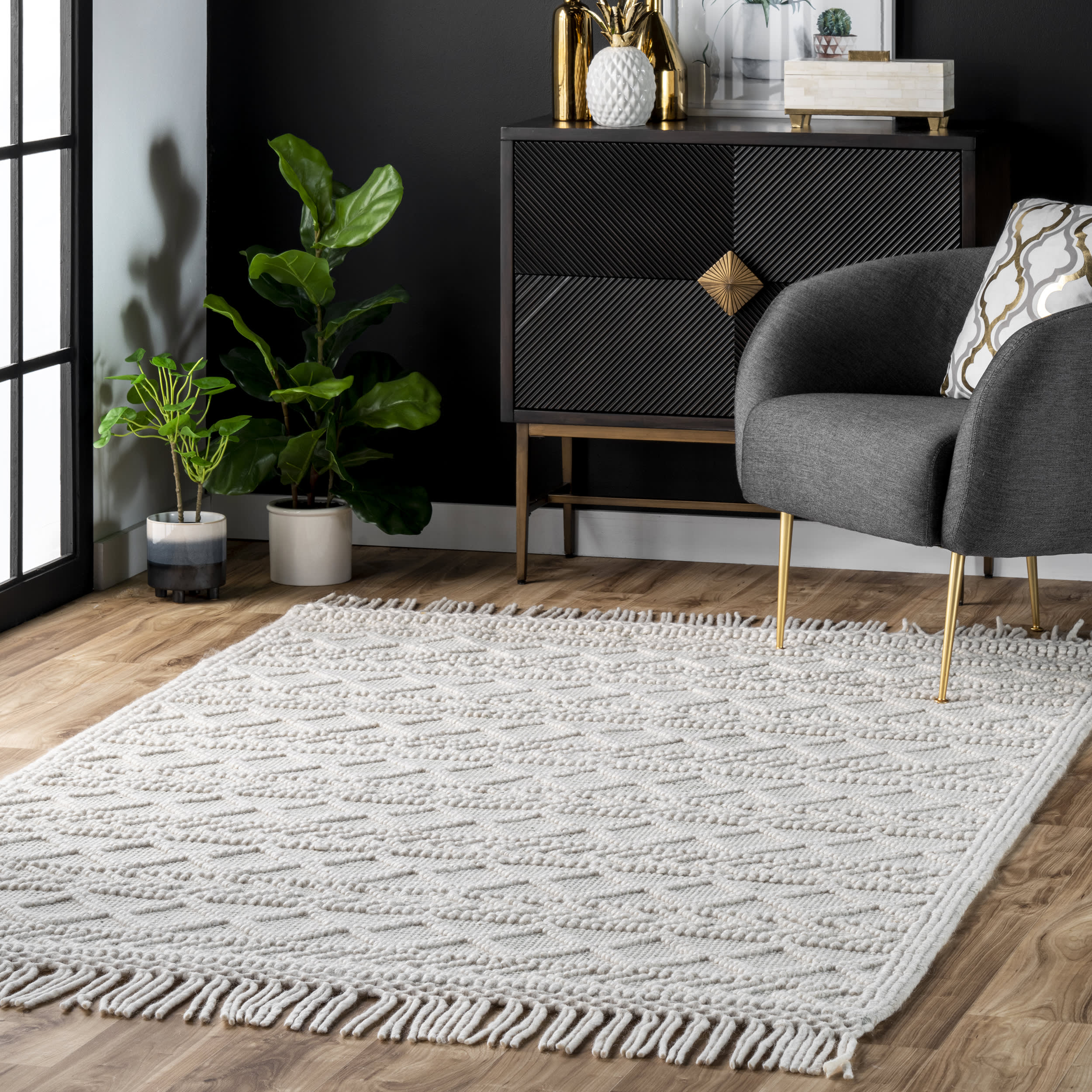 Textured Achromatia With Tassels Rug | Cream - Image 2