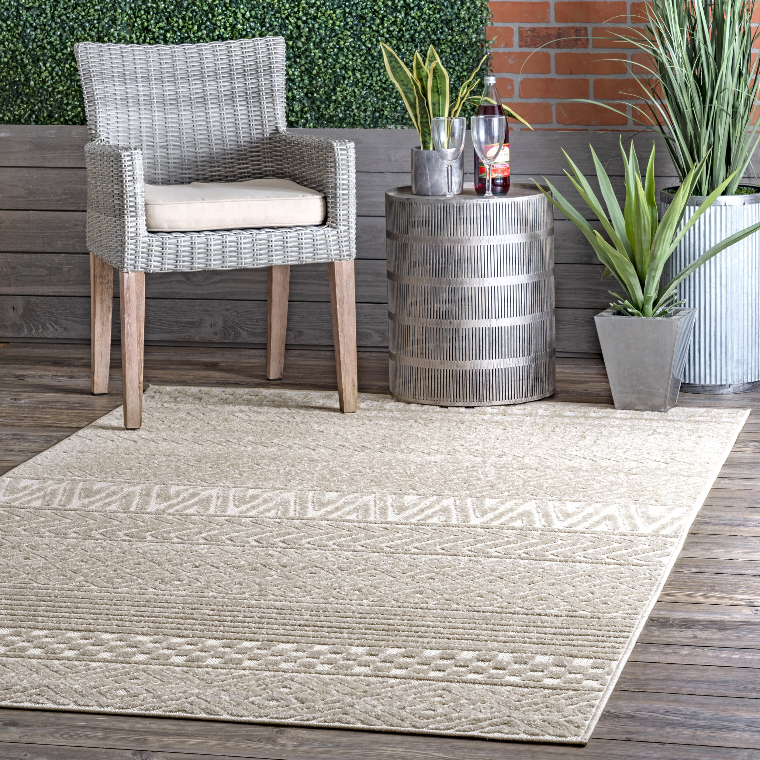 Textured Banded Indoor/Outdoor Rug | Beige - Image 2