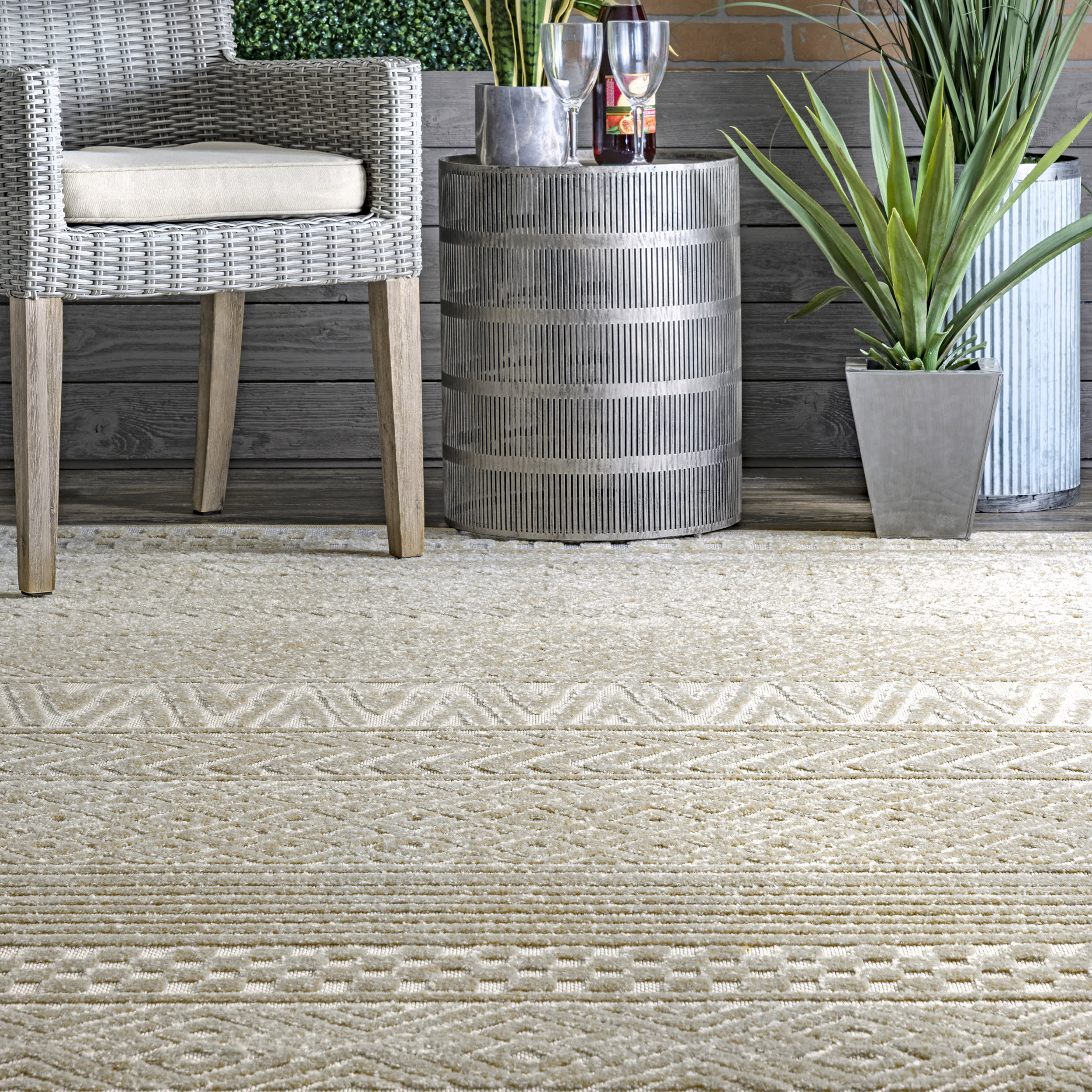 Textured Banded Indoor/Outdoor Rug | Beige - Image 4