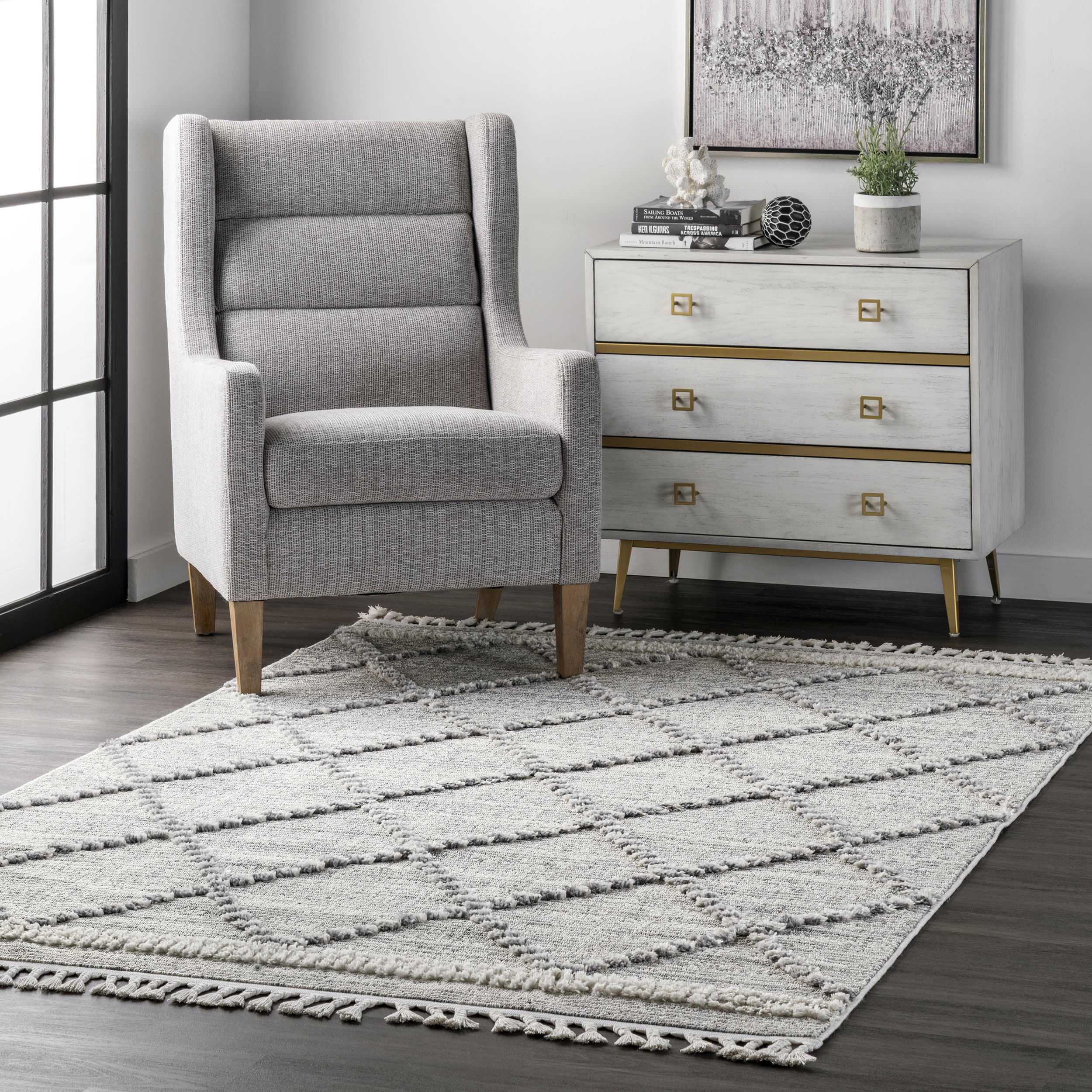 Textured Cable Trellis Tassel Rug | Grey - Image 2