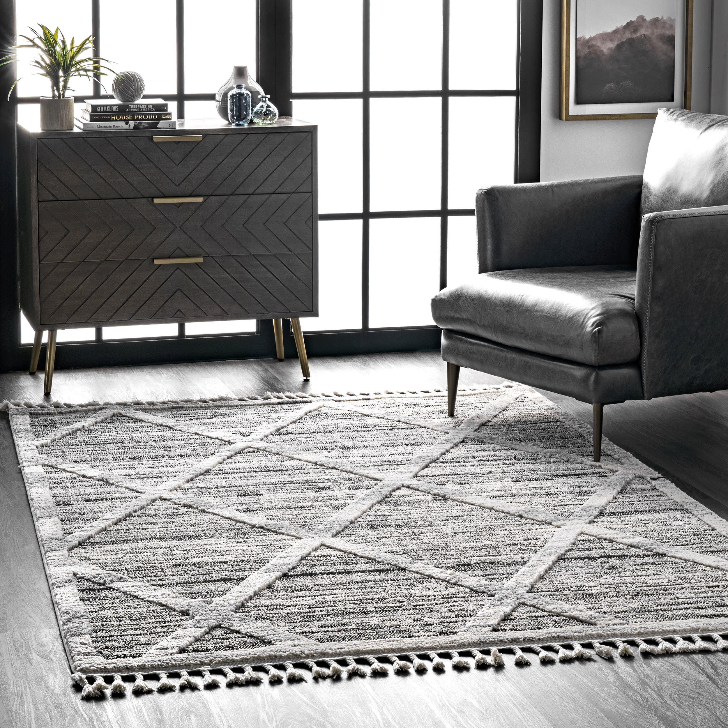 Textured Diamond Trellis Rug | Grey - Image 2