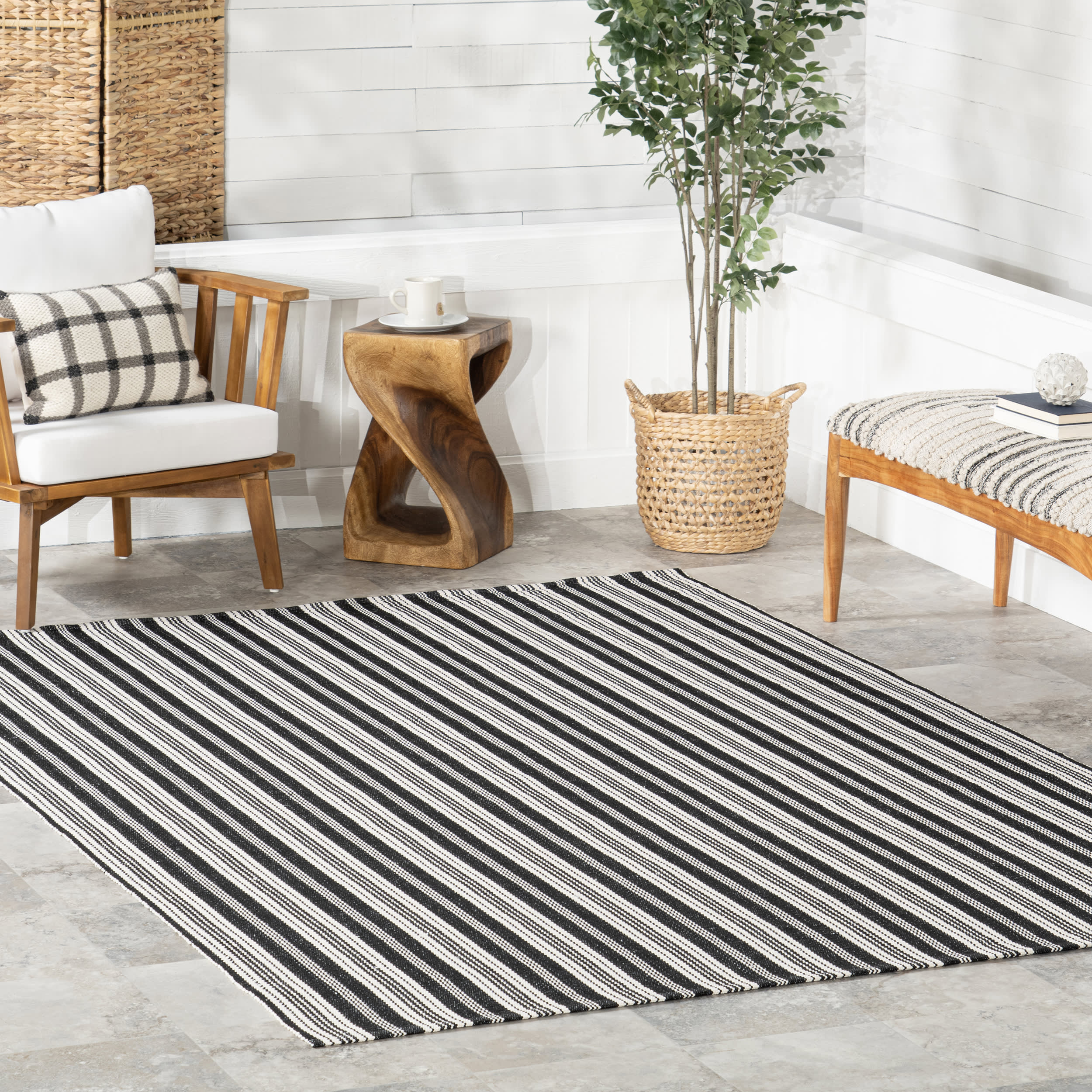Ticking Stripe Handwoven Indoor/Outdoor Rug | Black - Image 2