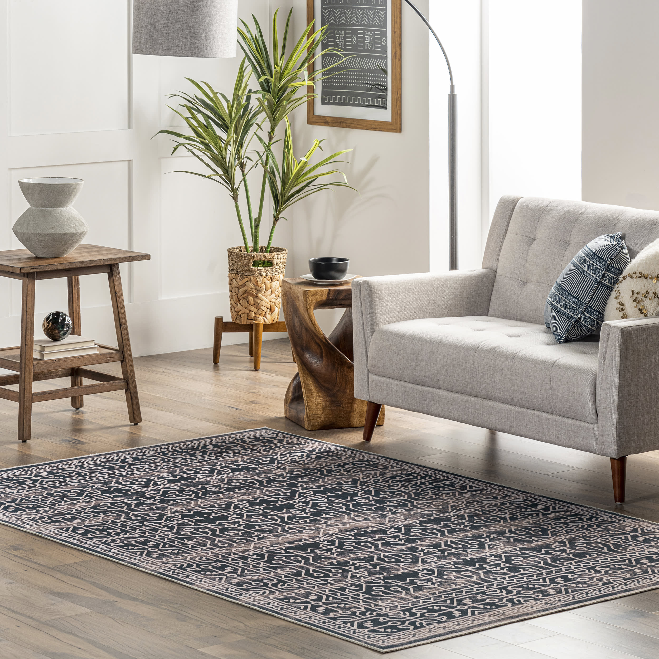 Tinsley Bordered Linework Washable Rug | Navy - Image 2