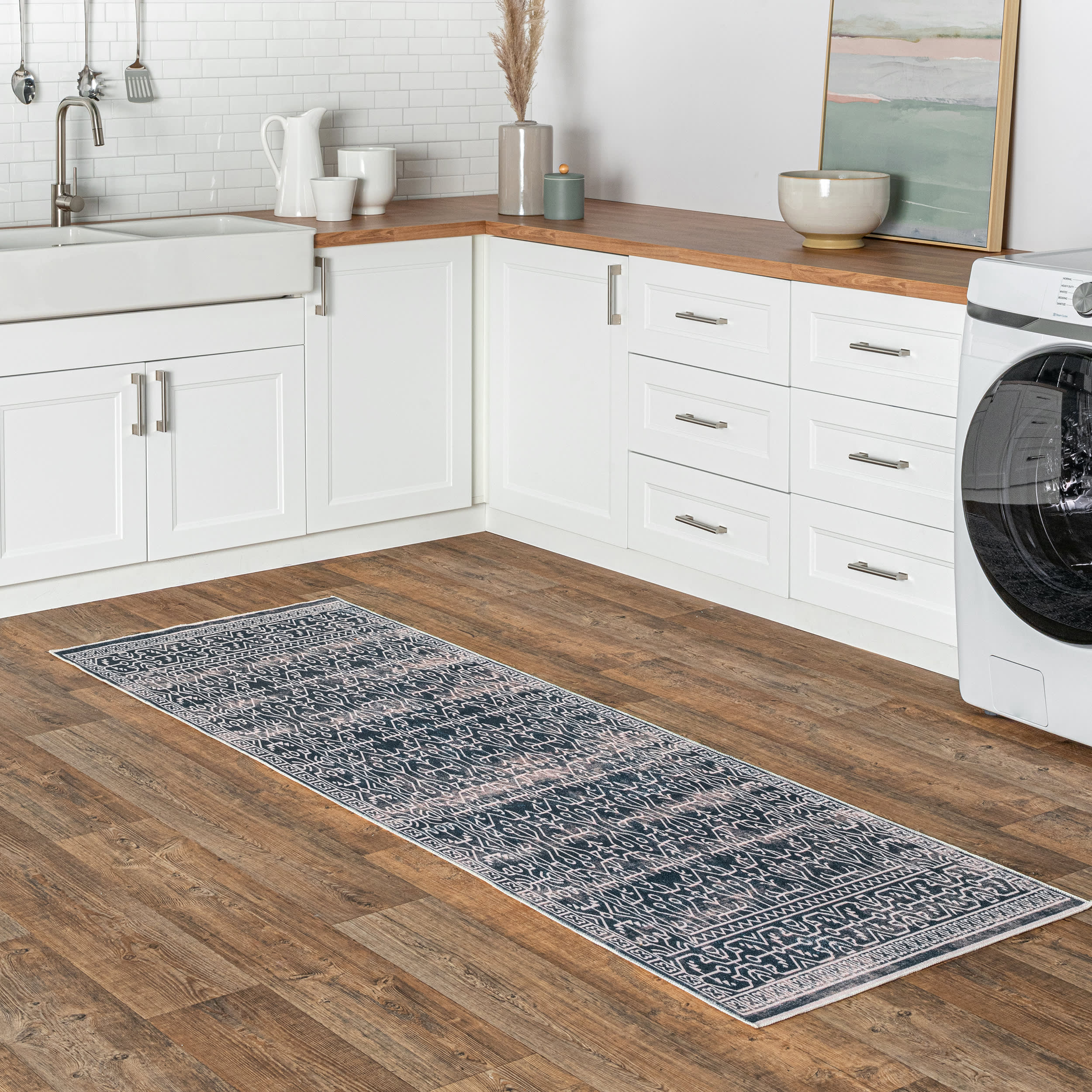 Tinsley Bordered Linework Washable Rug | Navy - Image 2