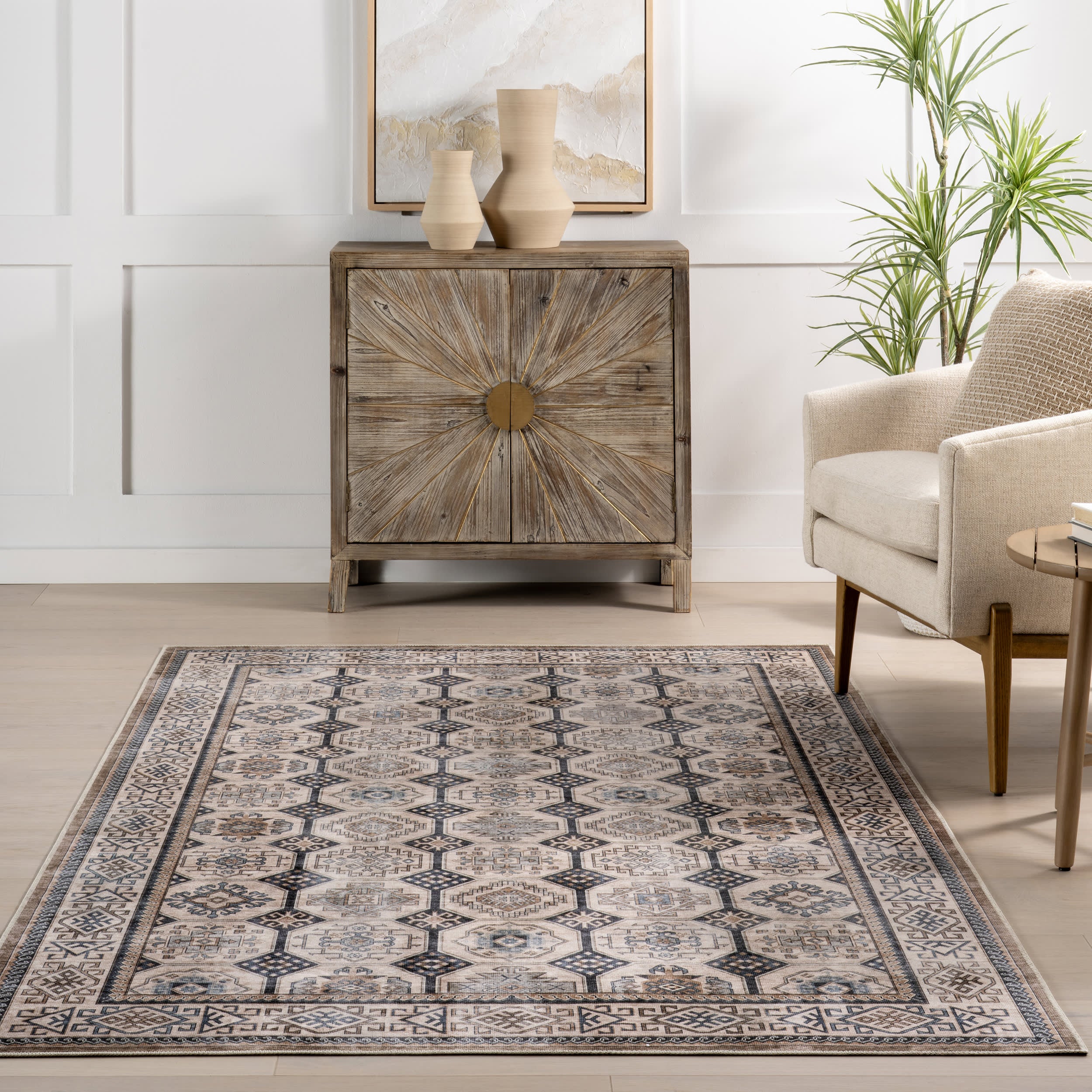 Valerian Tile Spill Proof Washable Rug | Light Beige - Image 5