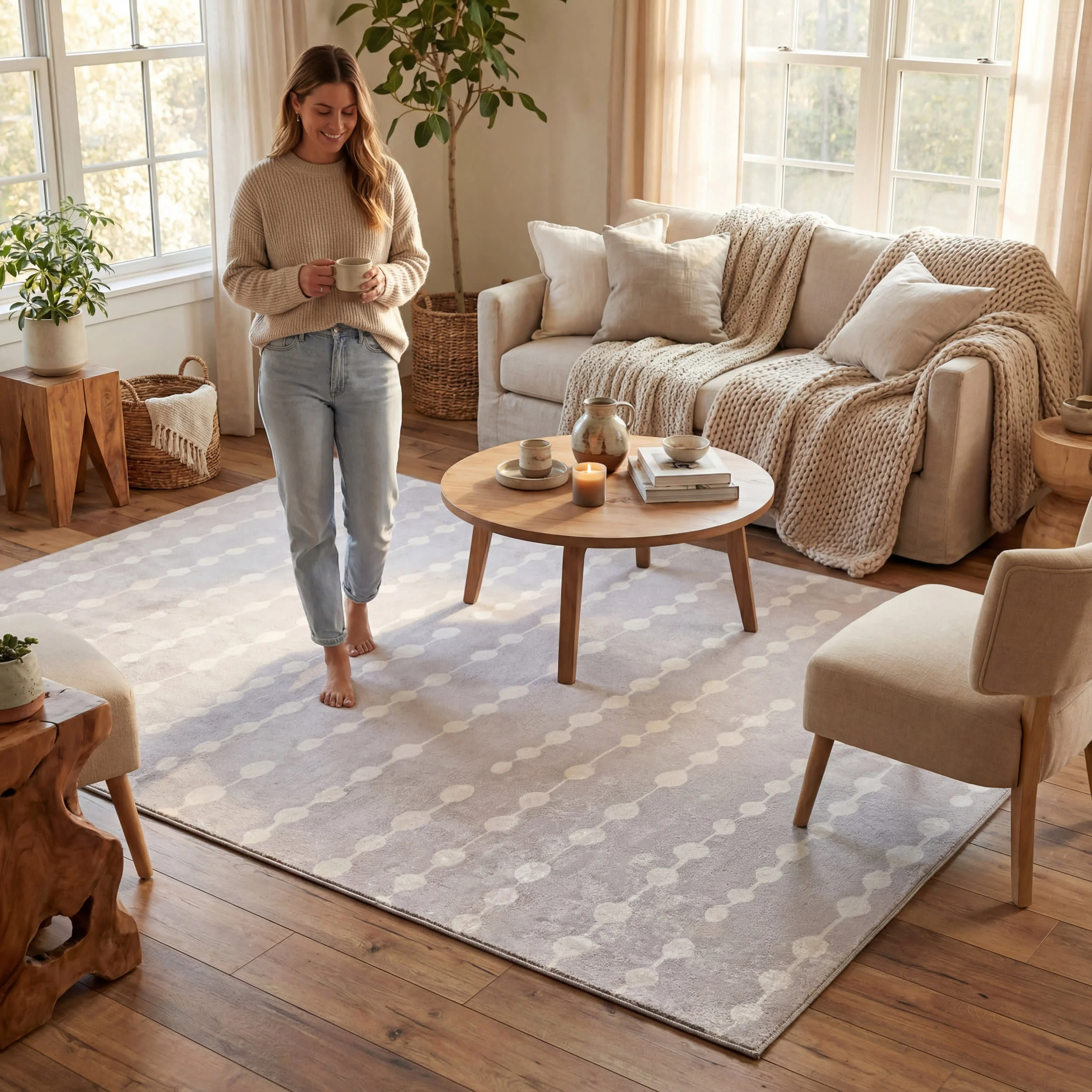 Valti Bohemian Polka Dot Washable Rug | Grey - Image 9