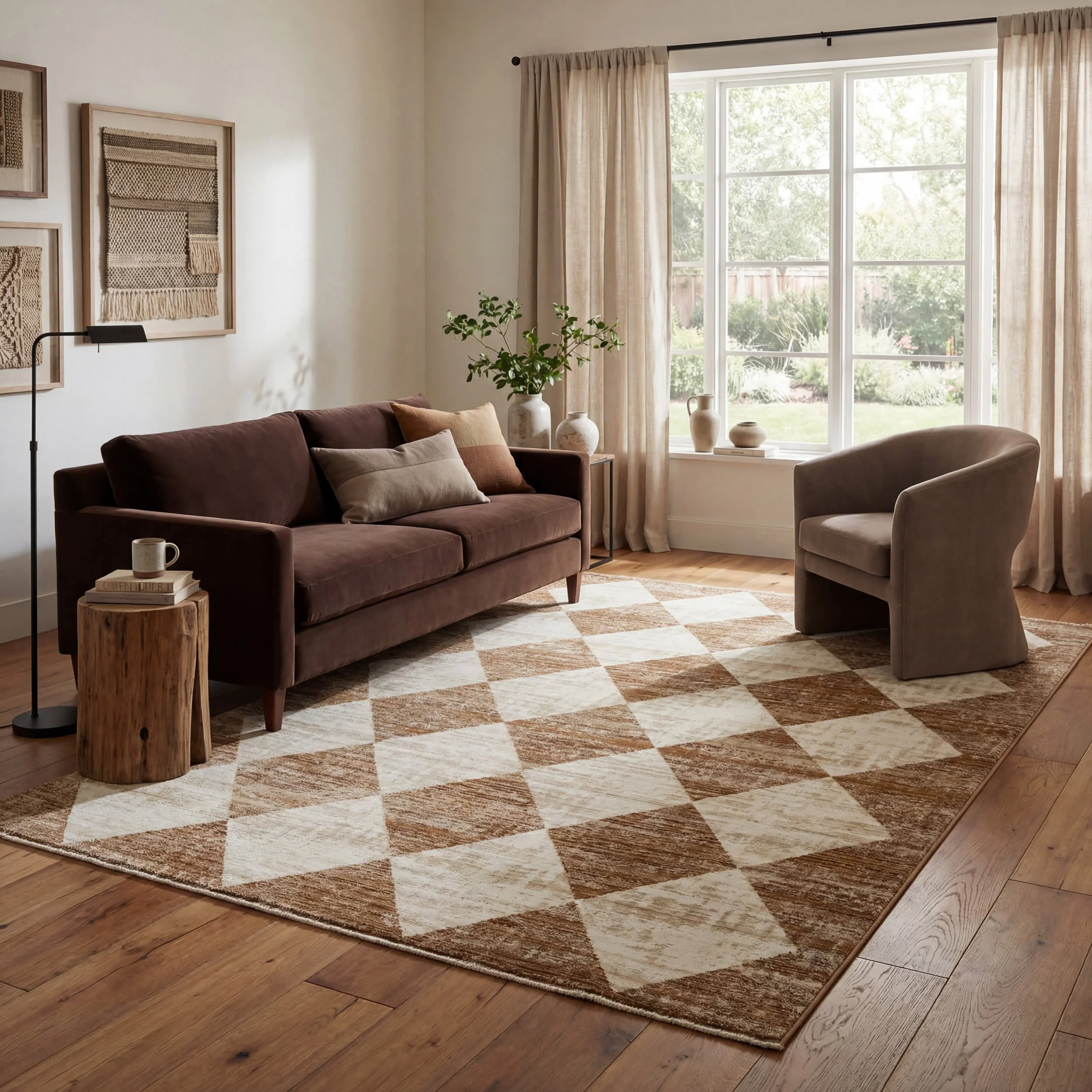 Vanni Checkered Fringed Rug | Tan - Image 2