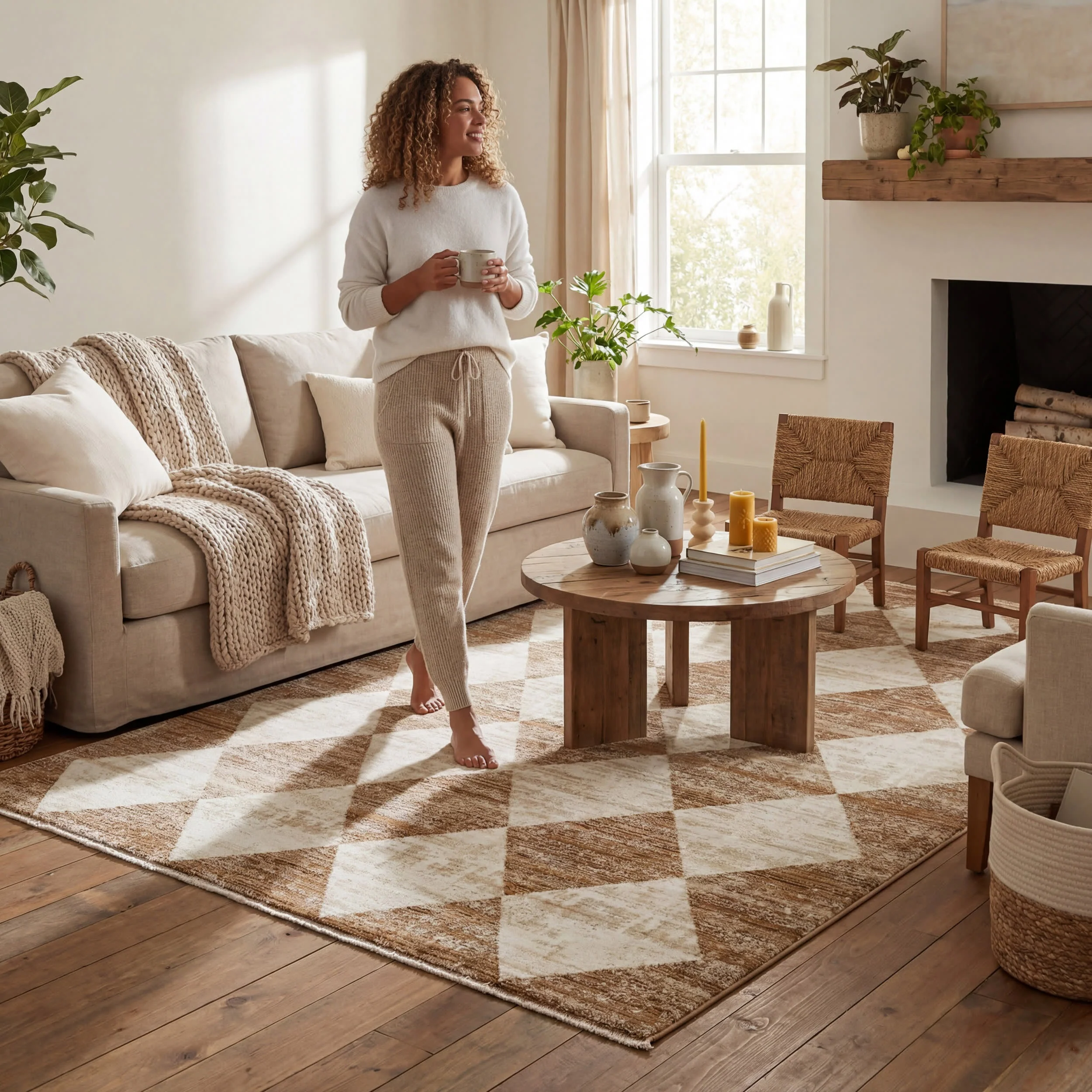 Vanni Checkered Fringed Rug | Tan - Image 9