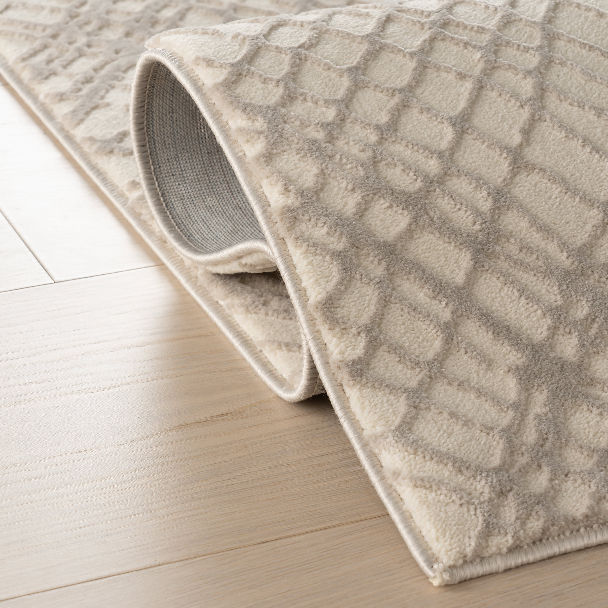 Virelle Plaid Plush Textured Washable Rug | Cream/Grey - Image 11