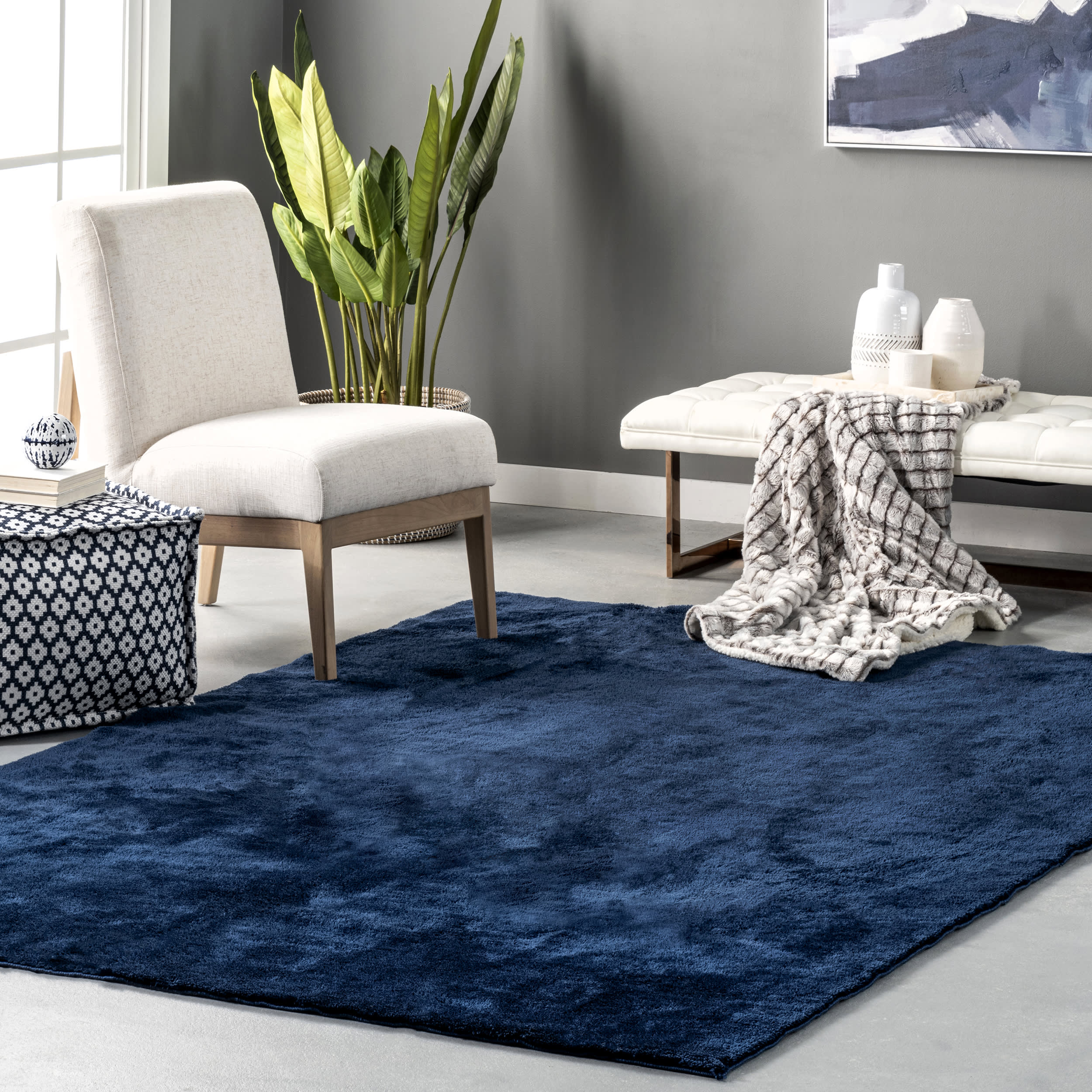 Washable Solid Shag Rug | Navy - Image 2