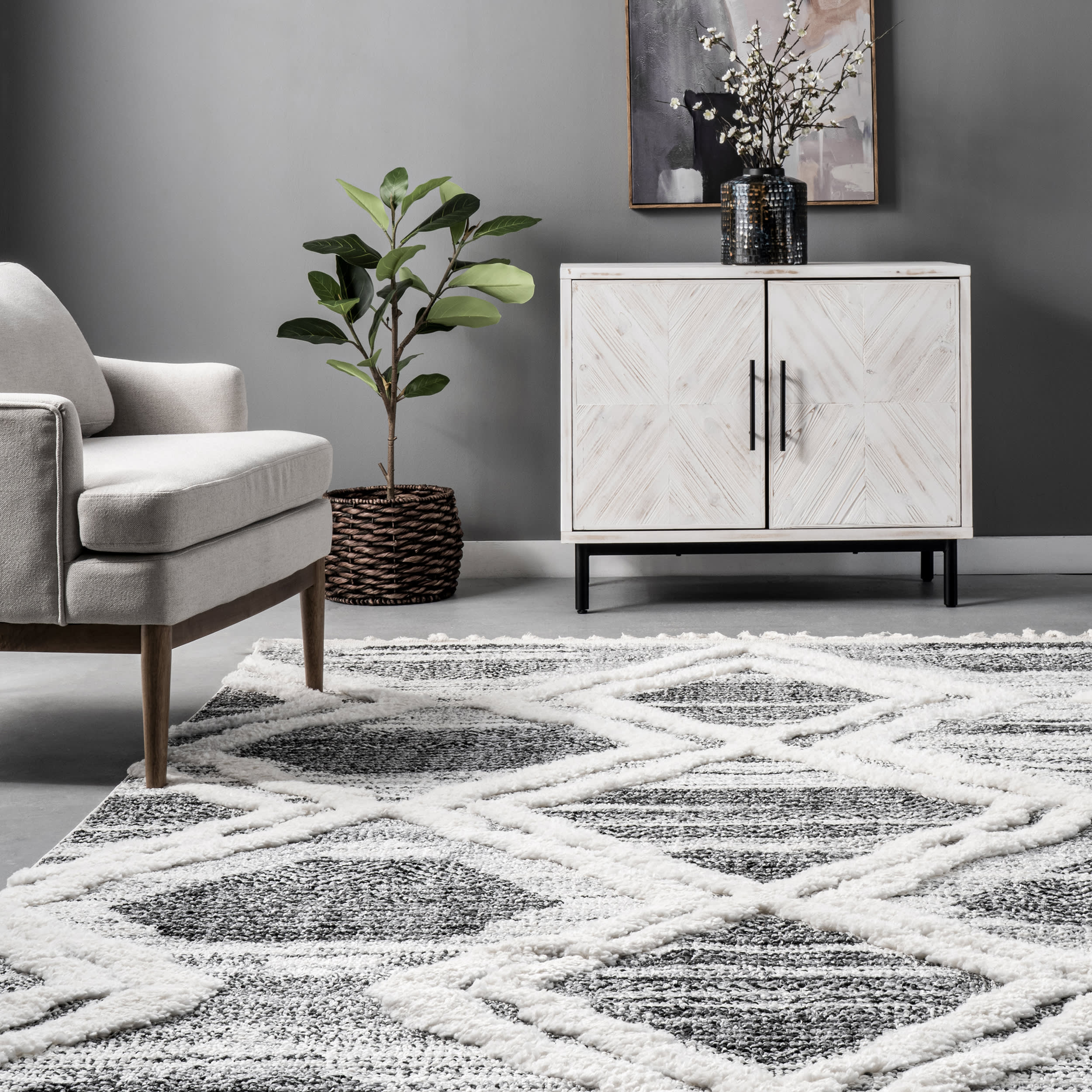 Wren Textured Trellis Rug | Grey - Image 4