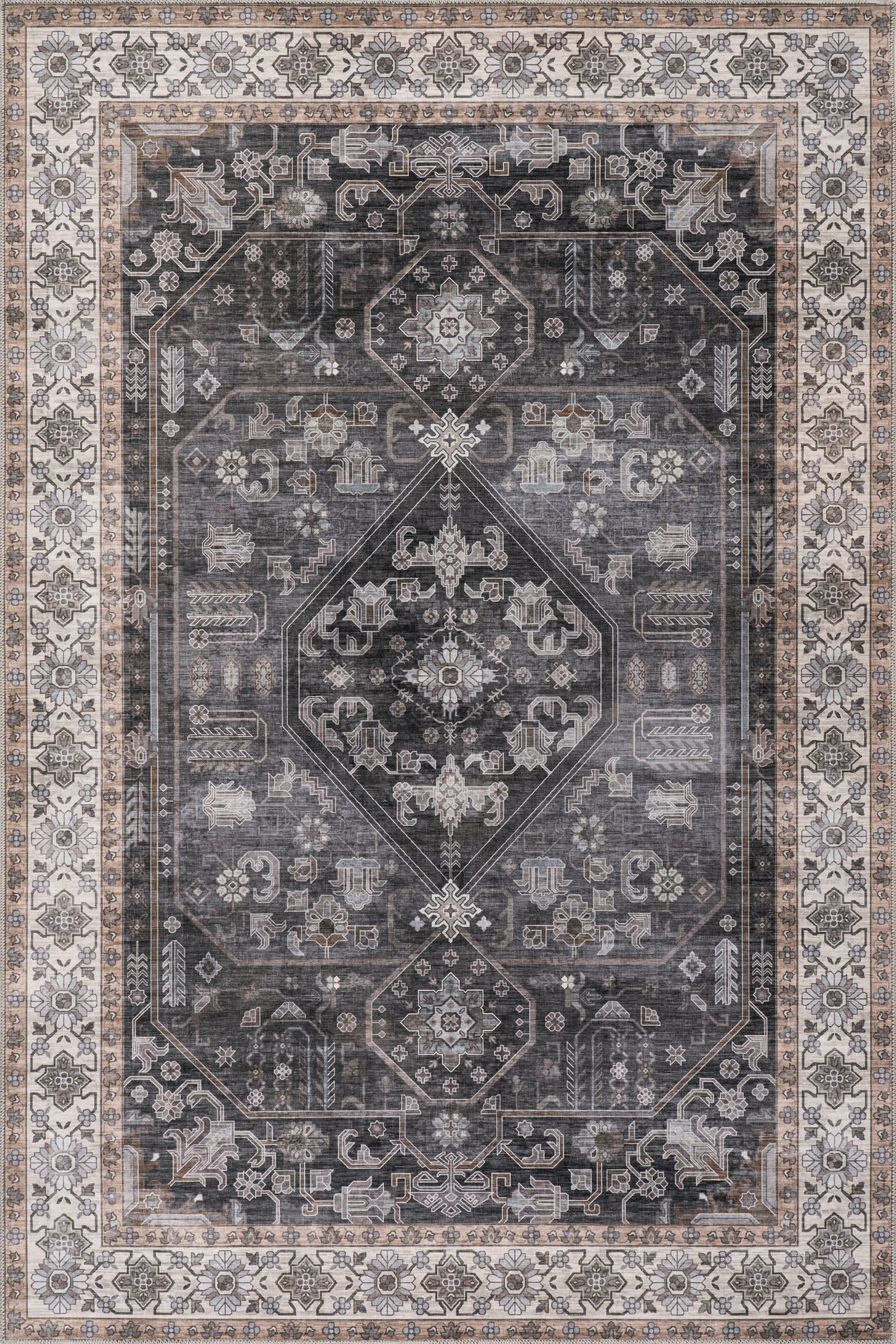 Zella Spill Proof Washable Vintage Rug | Charcoal