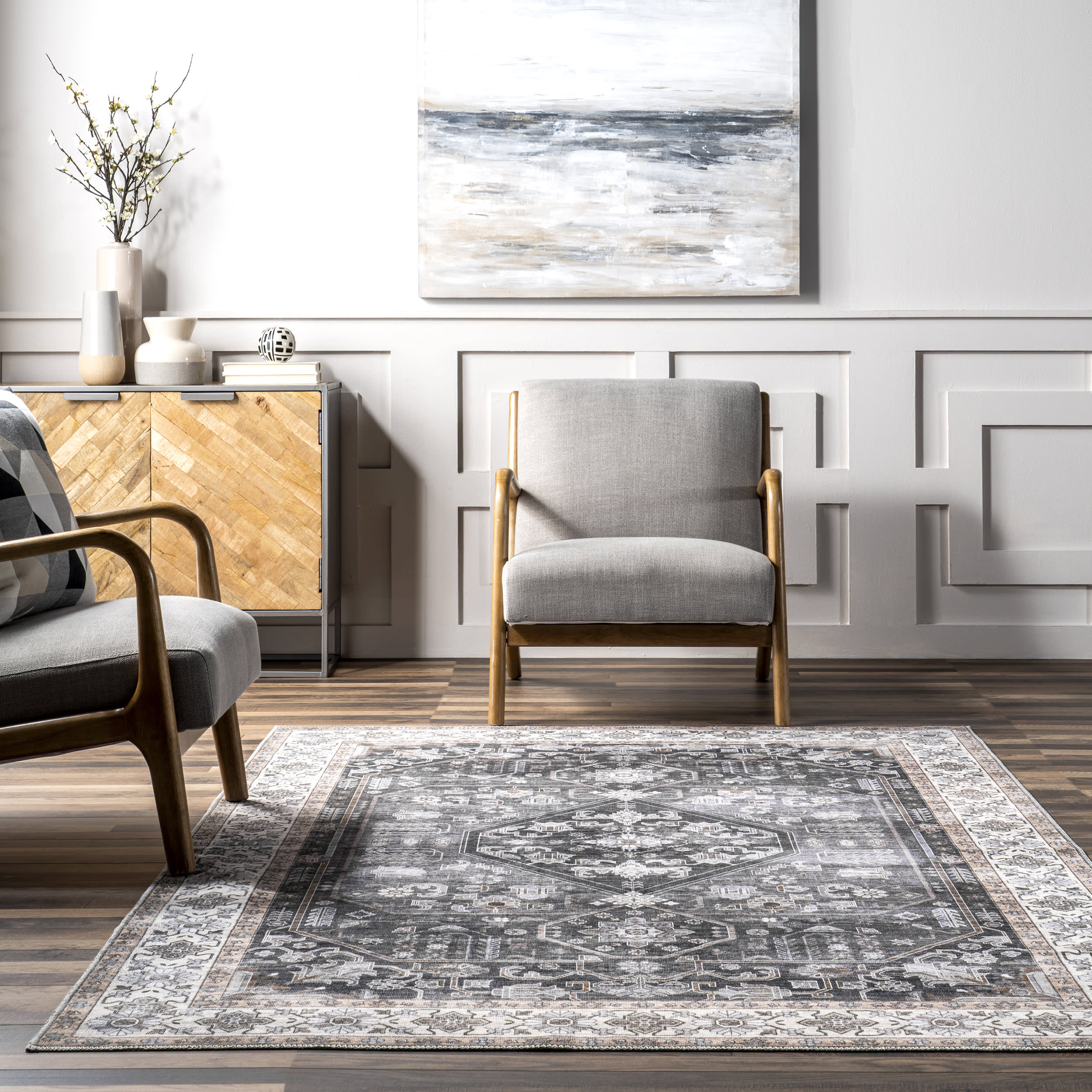 Zella Washable Vintage Rug | Charcoal - Image 4