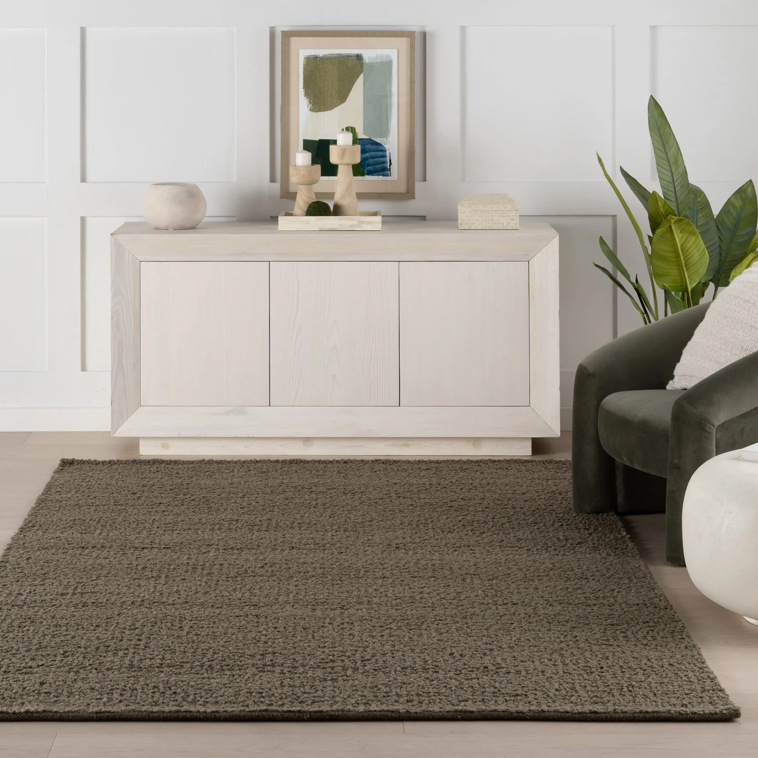 Zeva Textured Flatweave Shag Rug | Brown Olive - Image 5