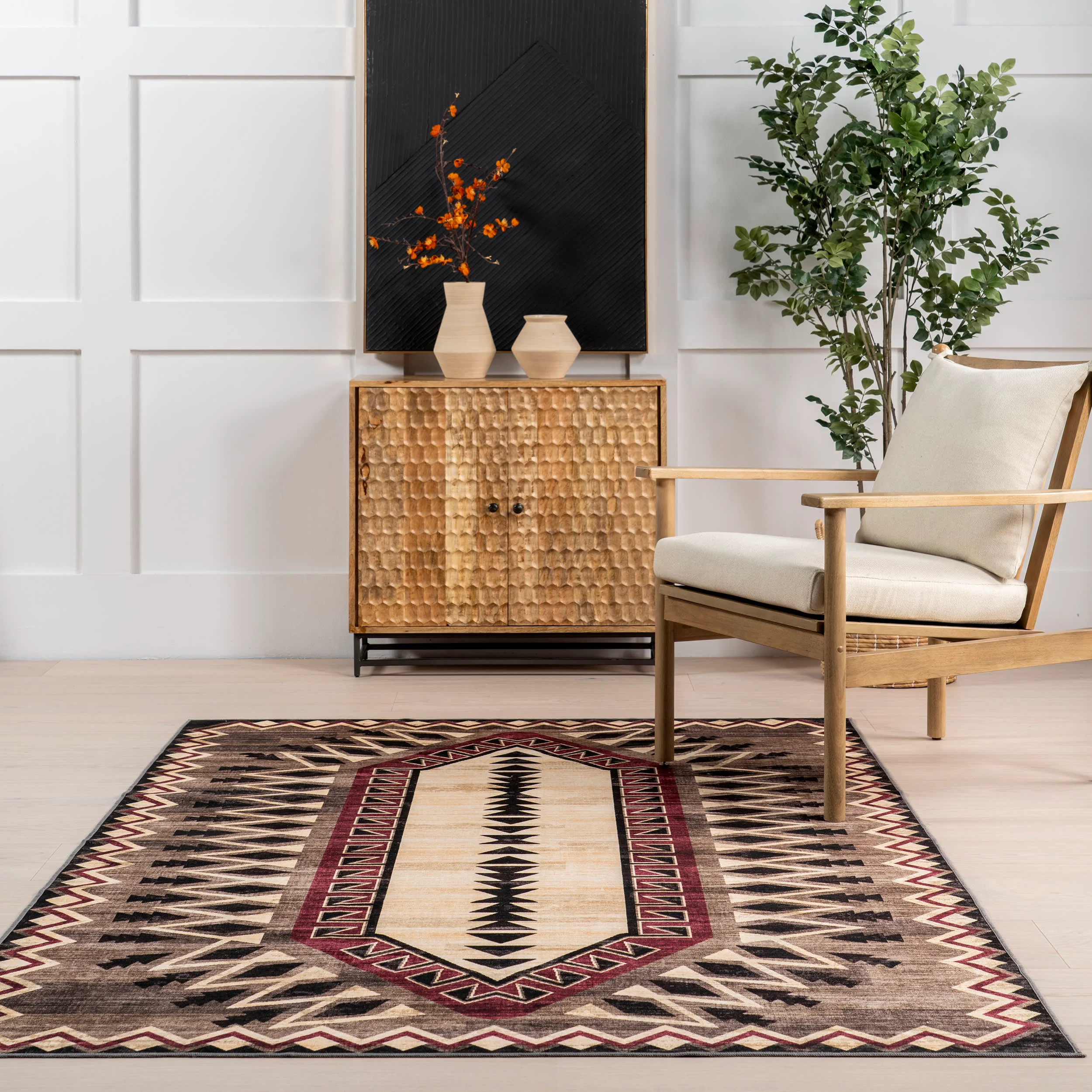 Zuni Southwestern Spill Proof Washable Rug | Brown - Image 4